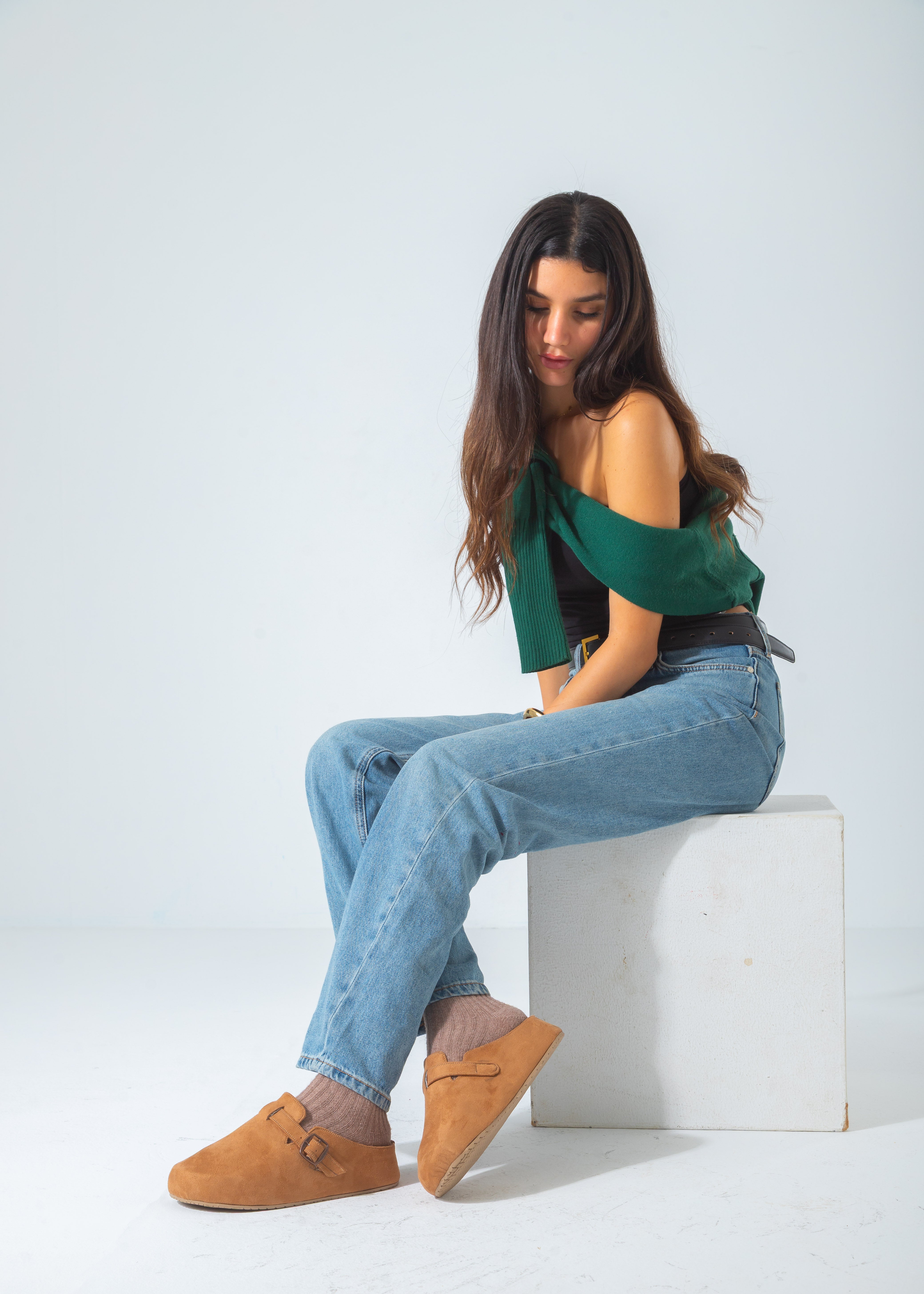 Suede Buckle Slip-On Mule Clogs-camel