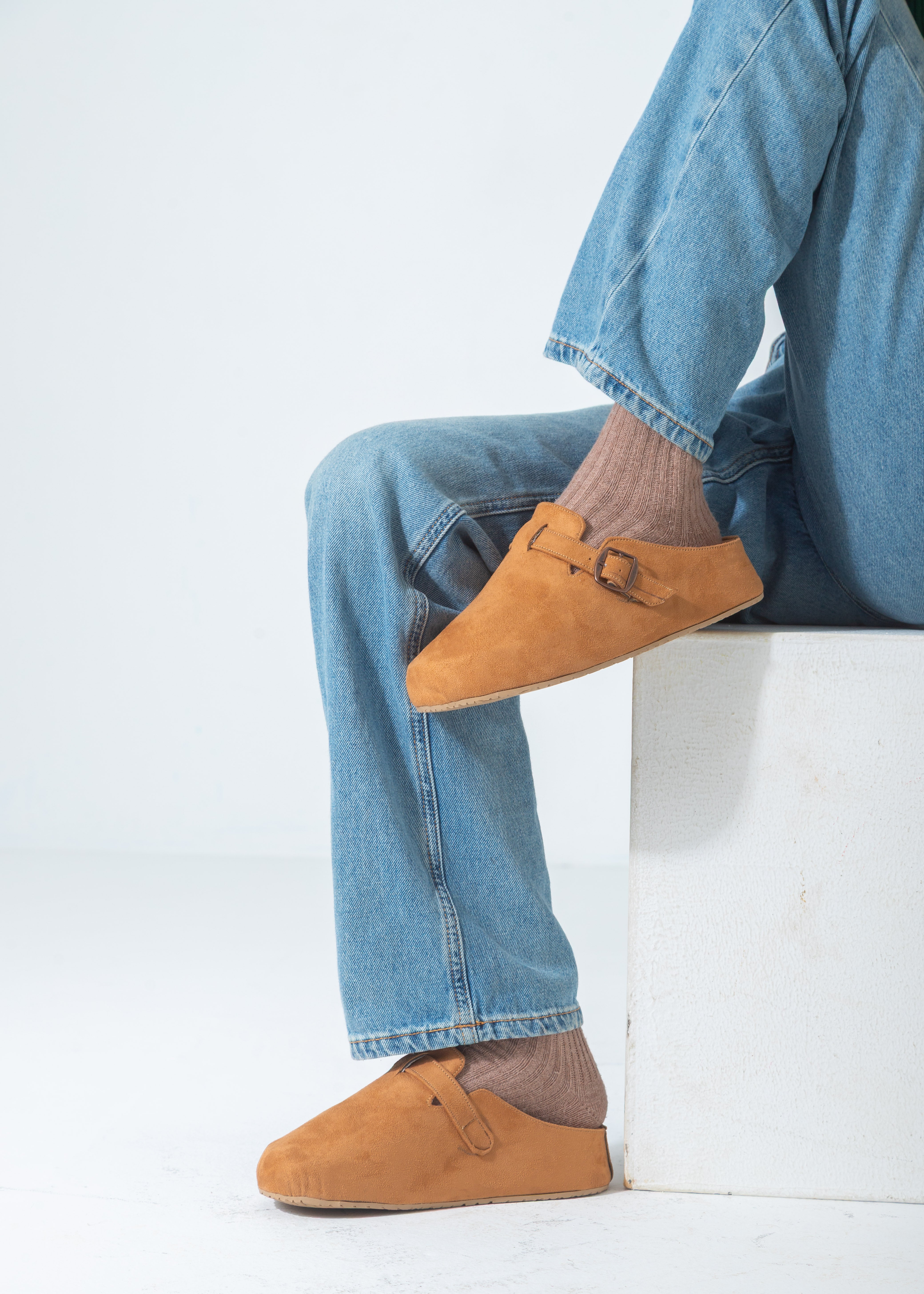 Suede Buckle Slip-On Mule Clogs-camel