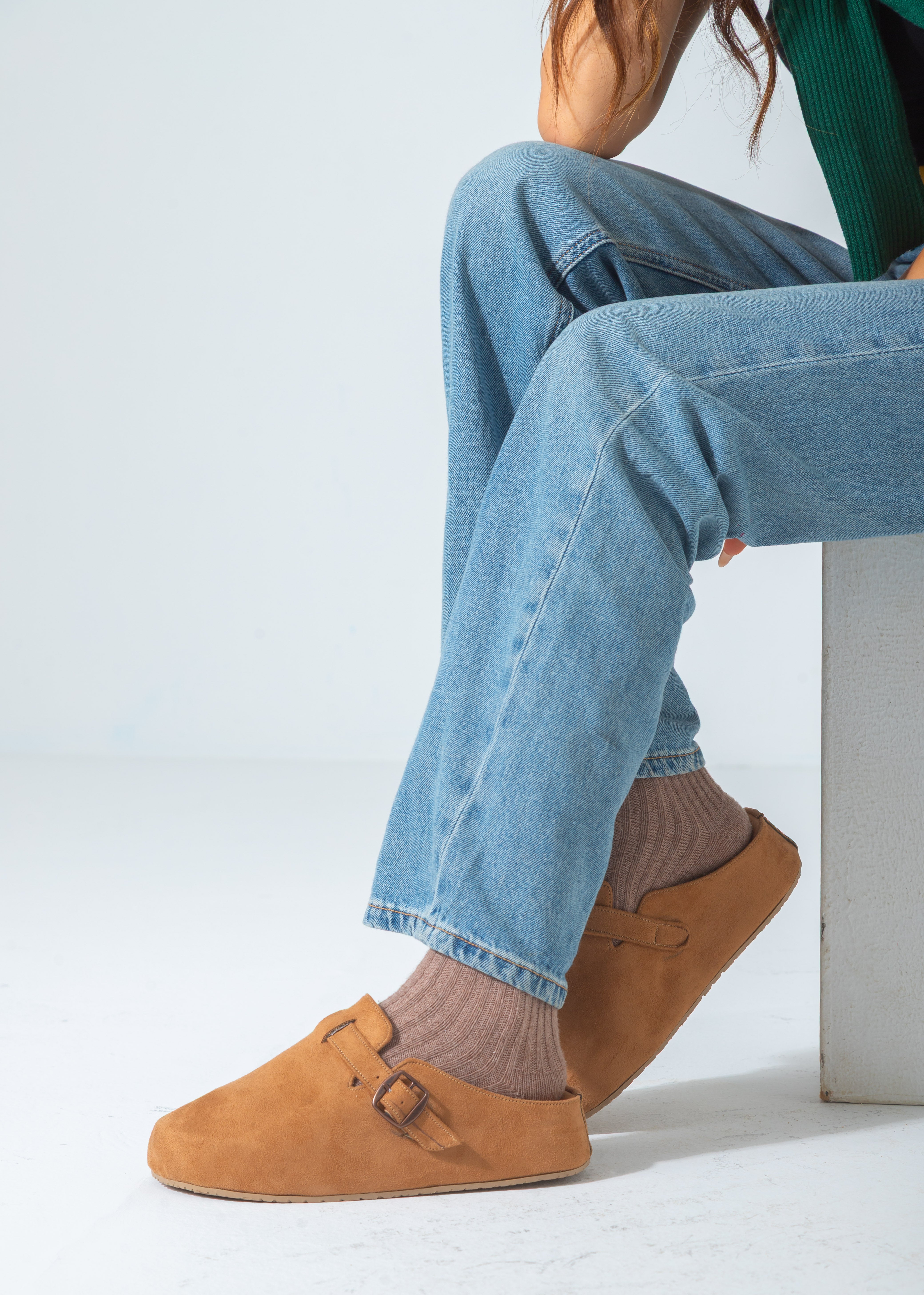 Suede Buckle Slip-On Mule Clogs-camel