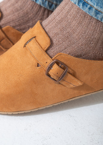 Suede Buckle Slip-On Mule Clogs-camel