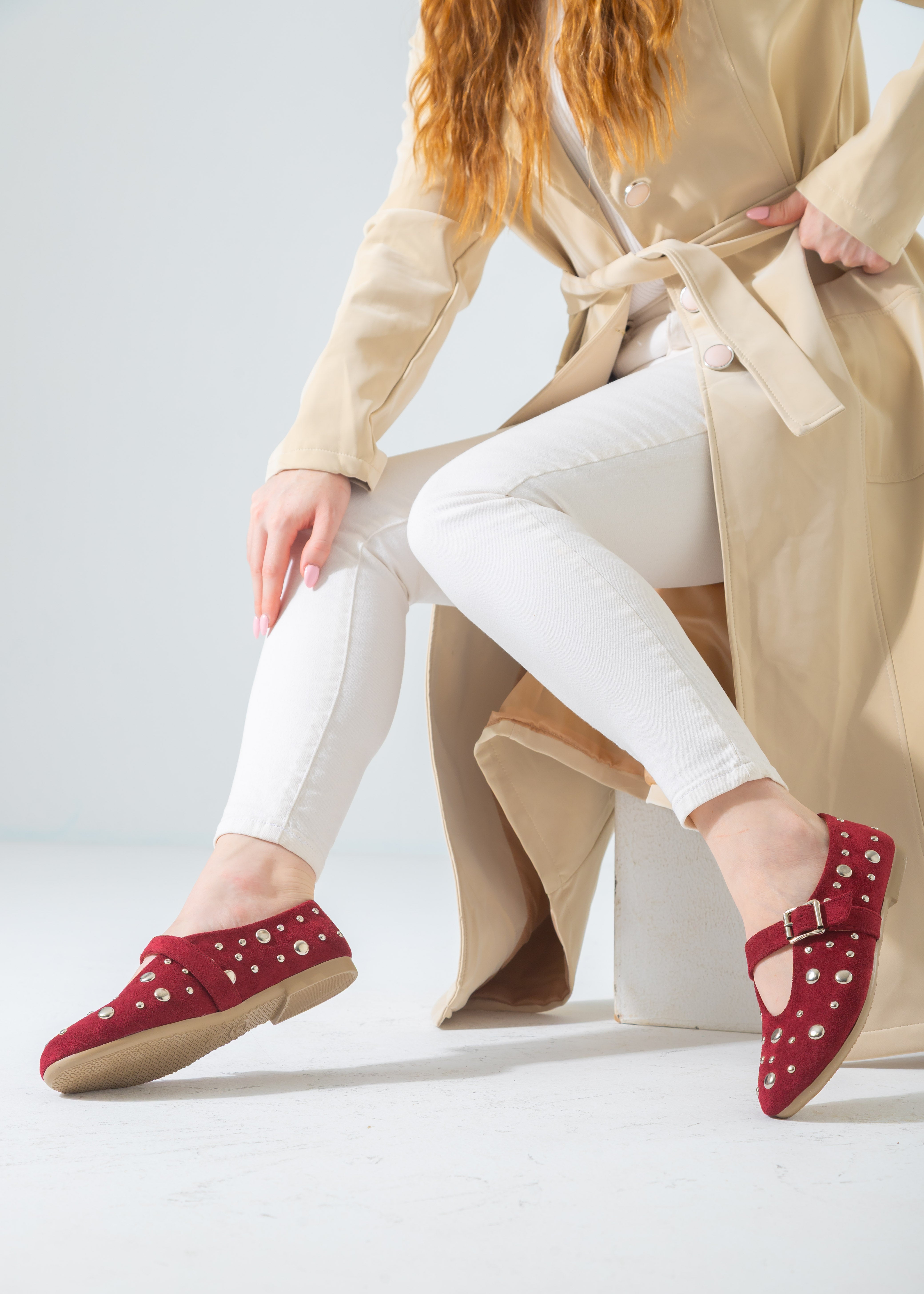 Metallic Rivet Strap Flat-red