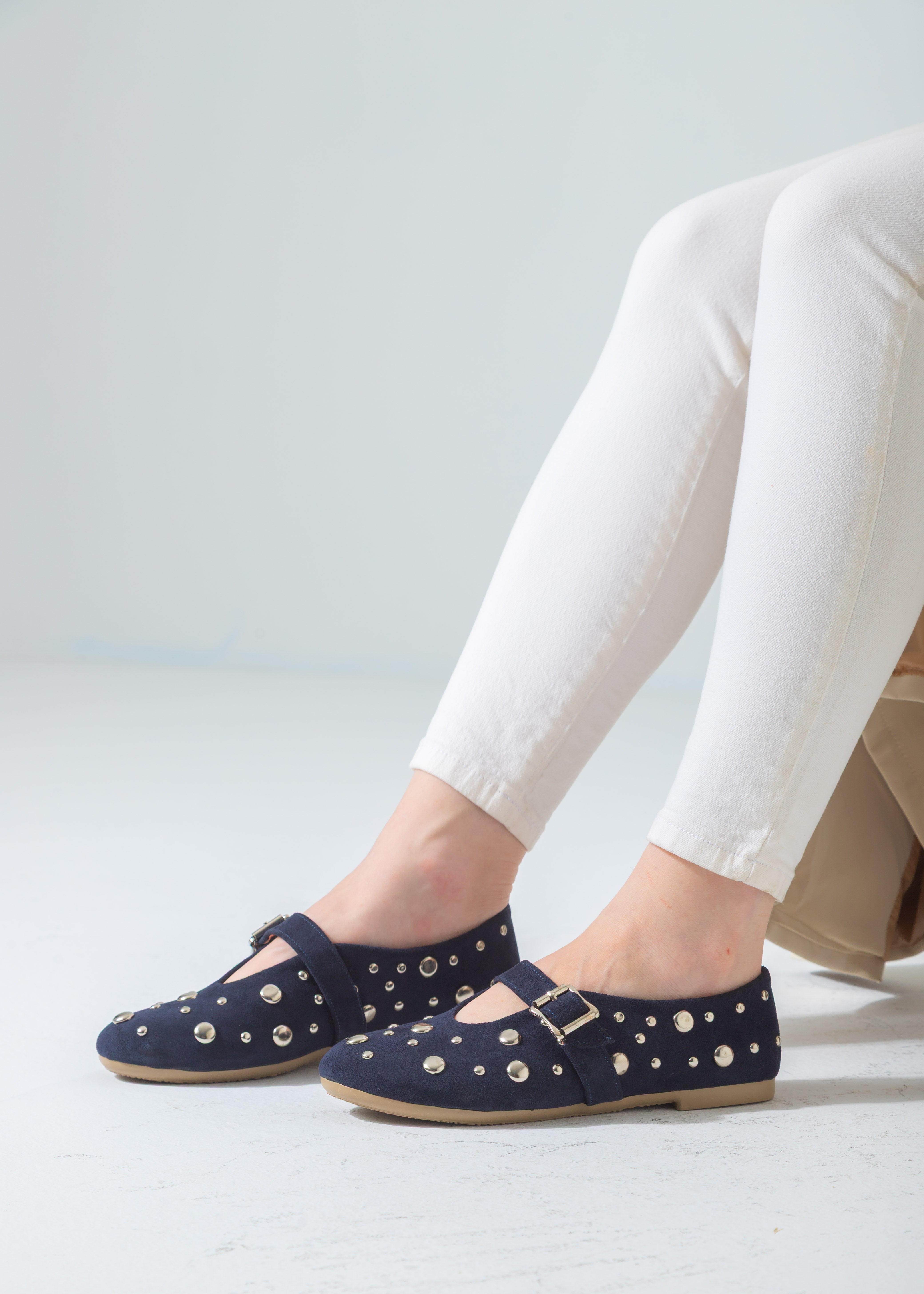 Metallic Rivet Strap Flat-dark-blue