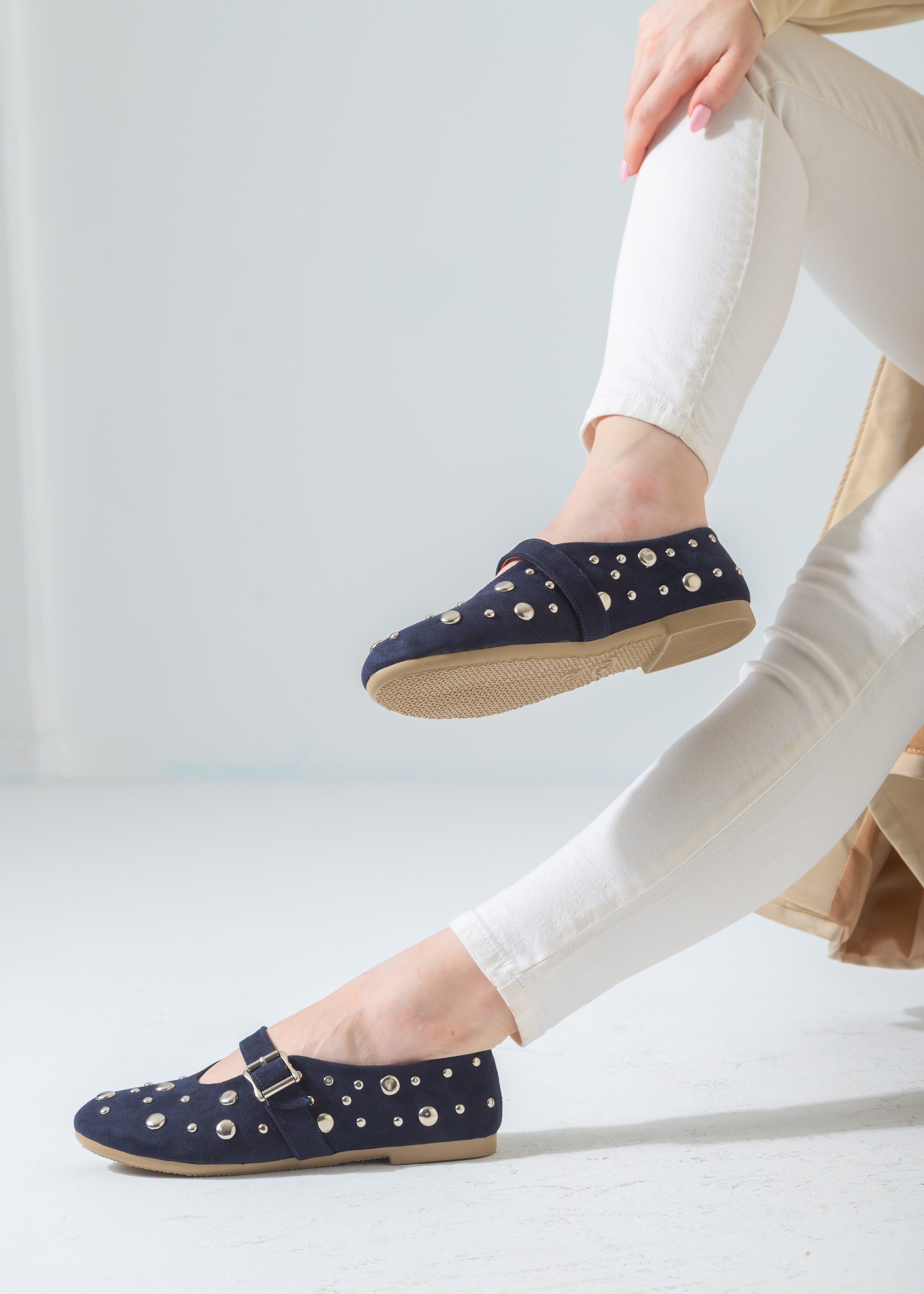 Metallic Rivet Strap Flat-dark-blue