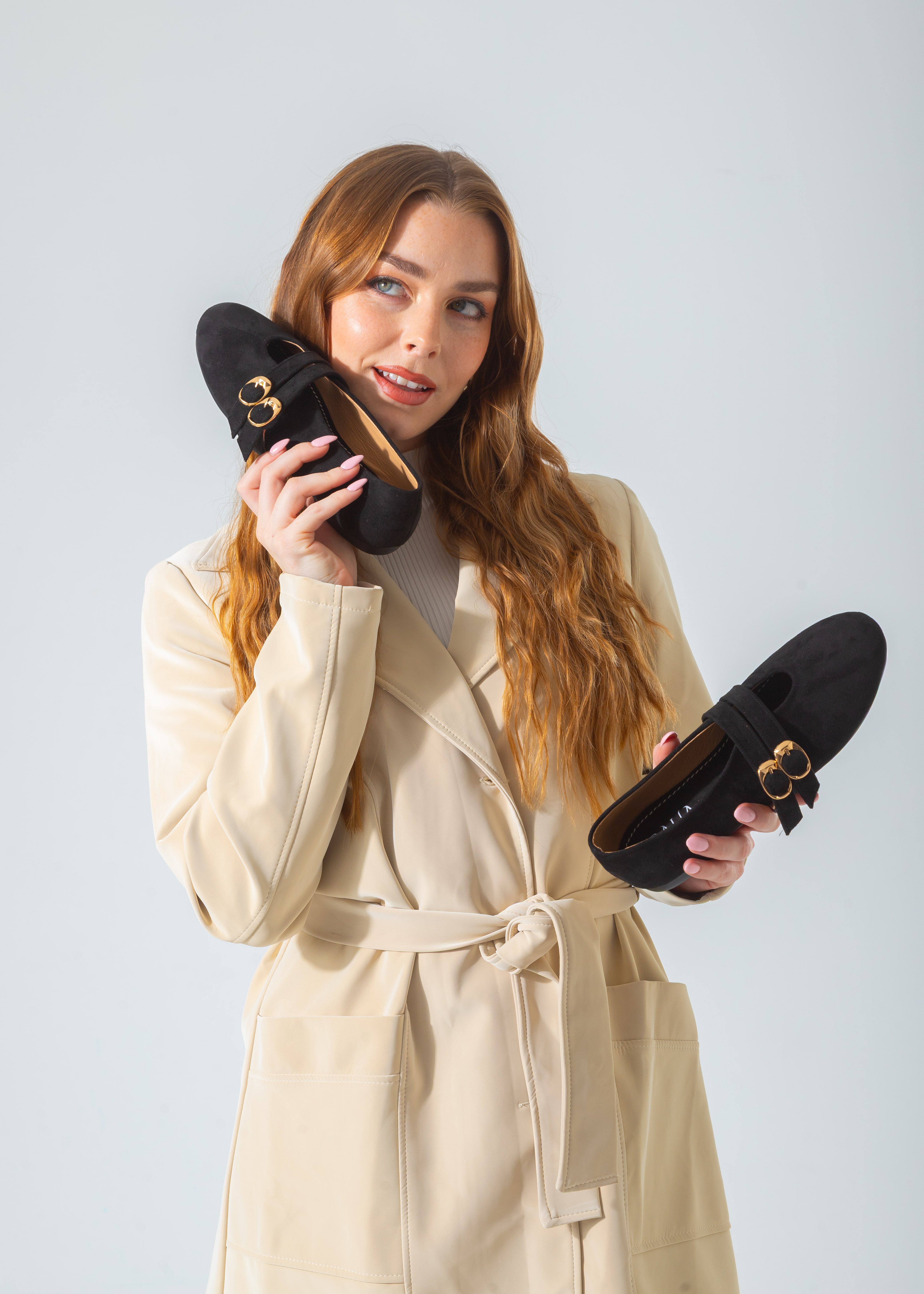 Suede Twin-Strap Flat-black