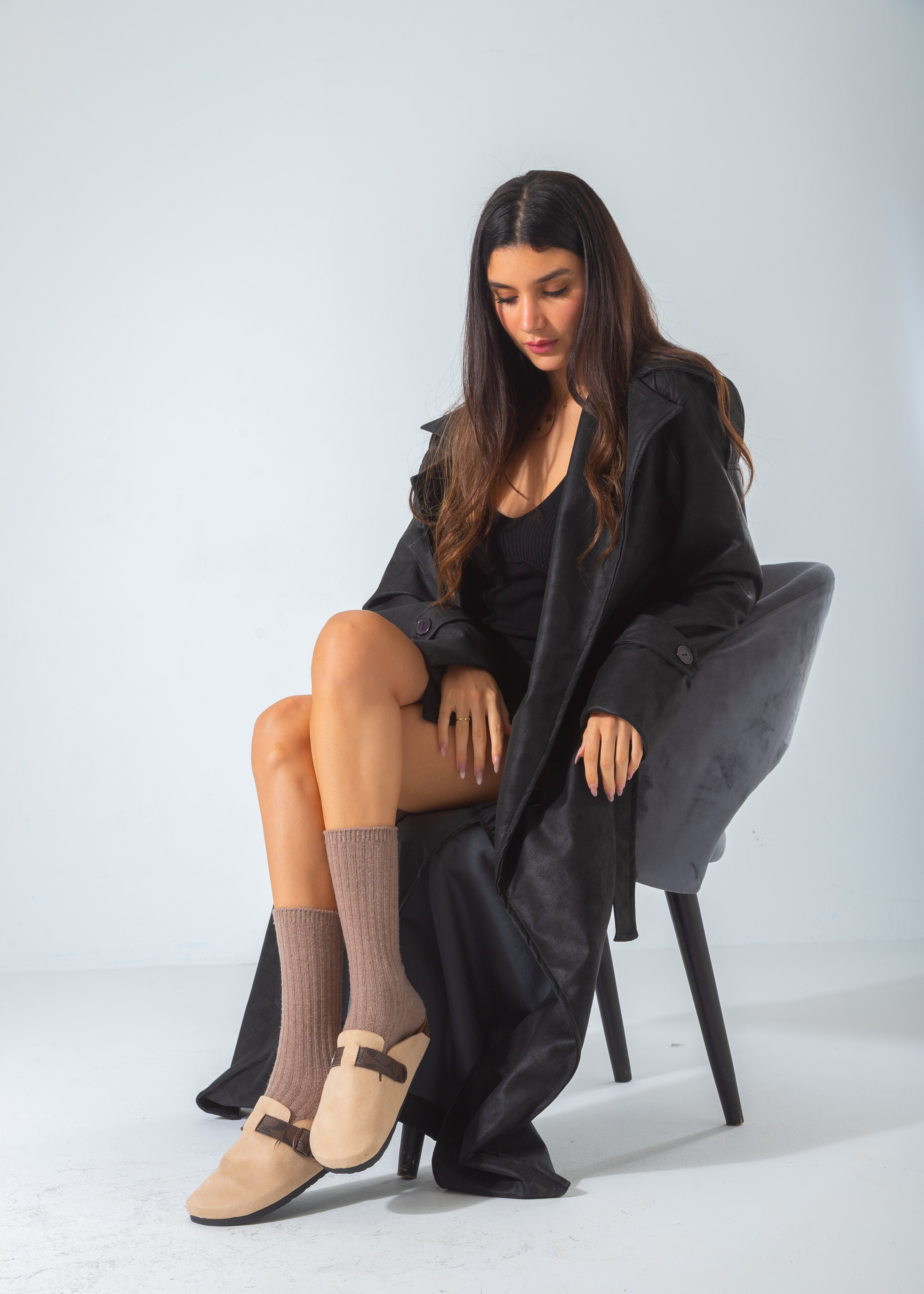 Suede Clog with Monogram Buckle Strap-brown