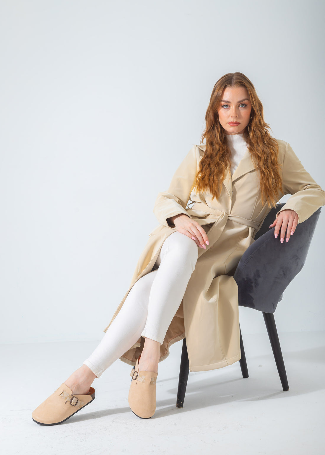 Suede Clog with Monogram Buckle Strap-beige