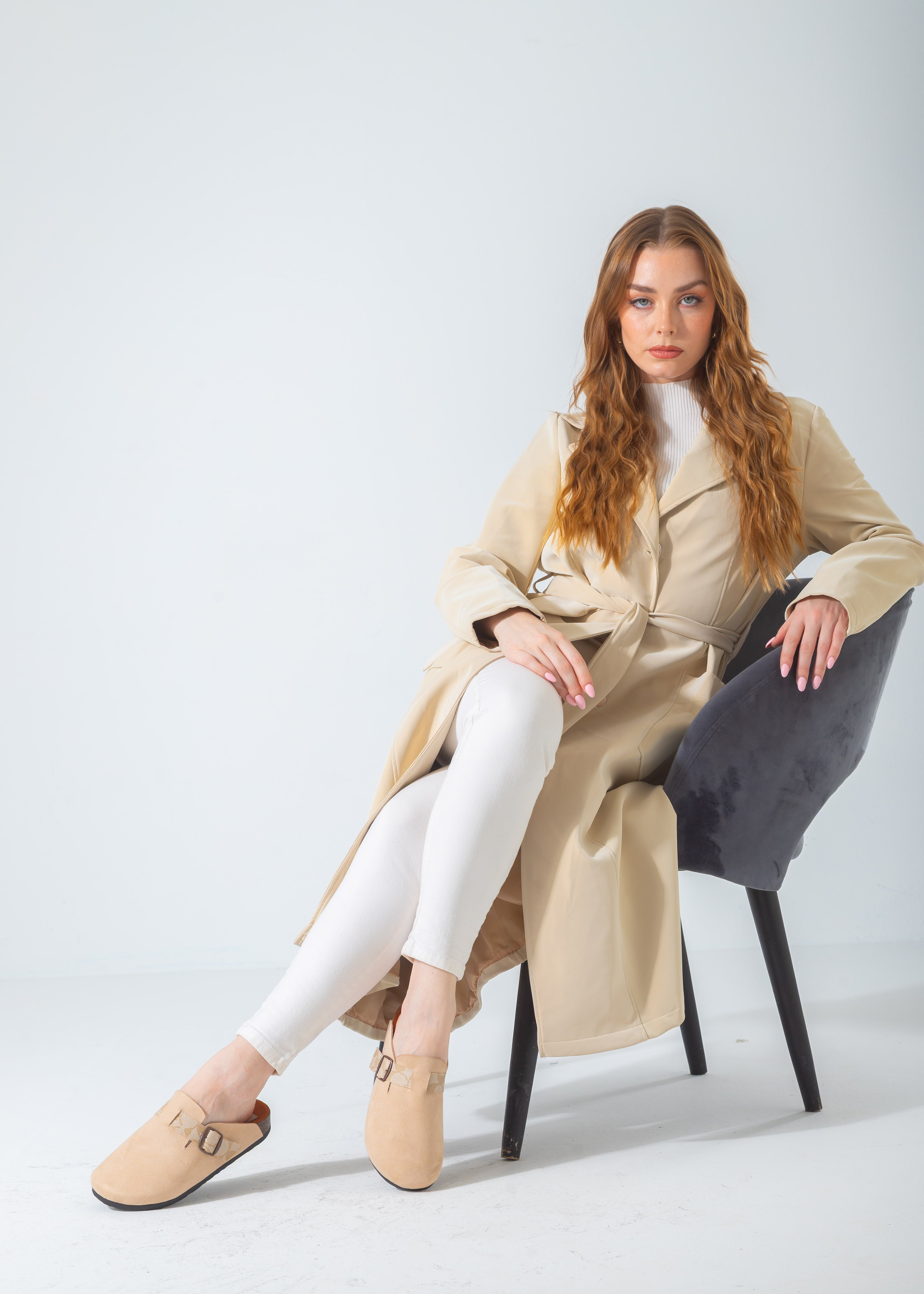 Suede Clog with Monogram Buckle Strap-beige