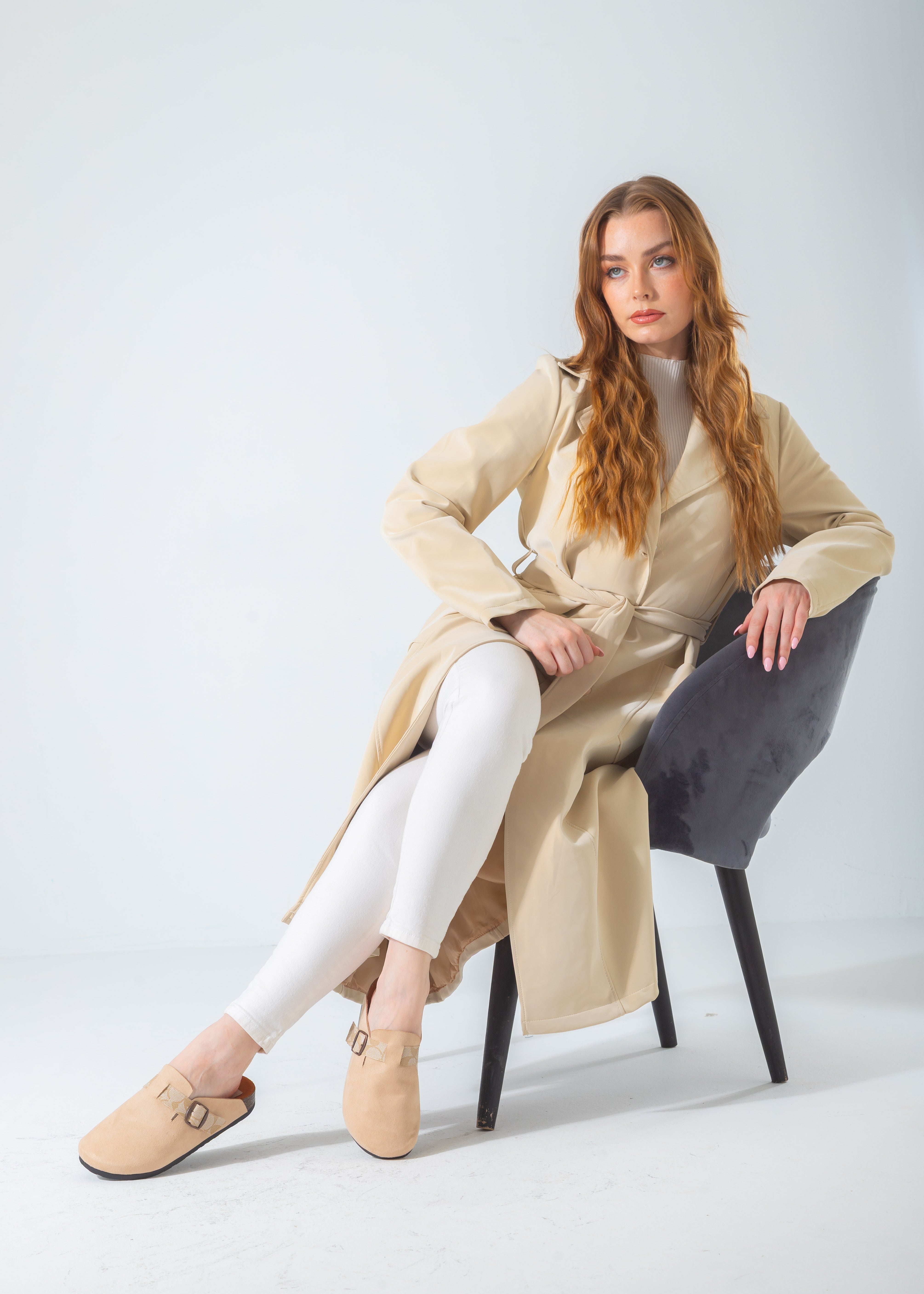 Suede Clog with Monogram Buckle Strap-beige