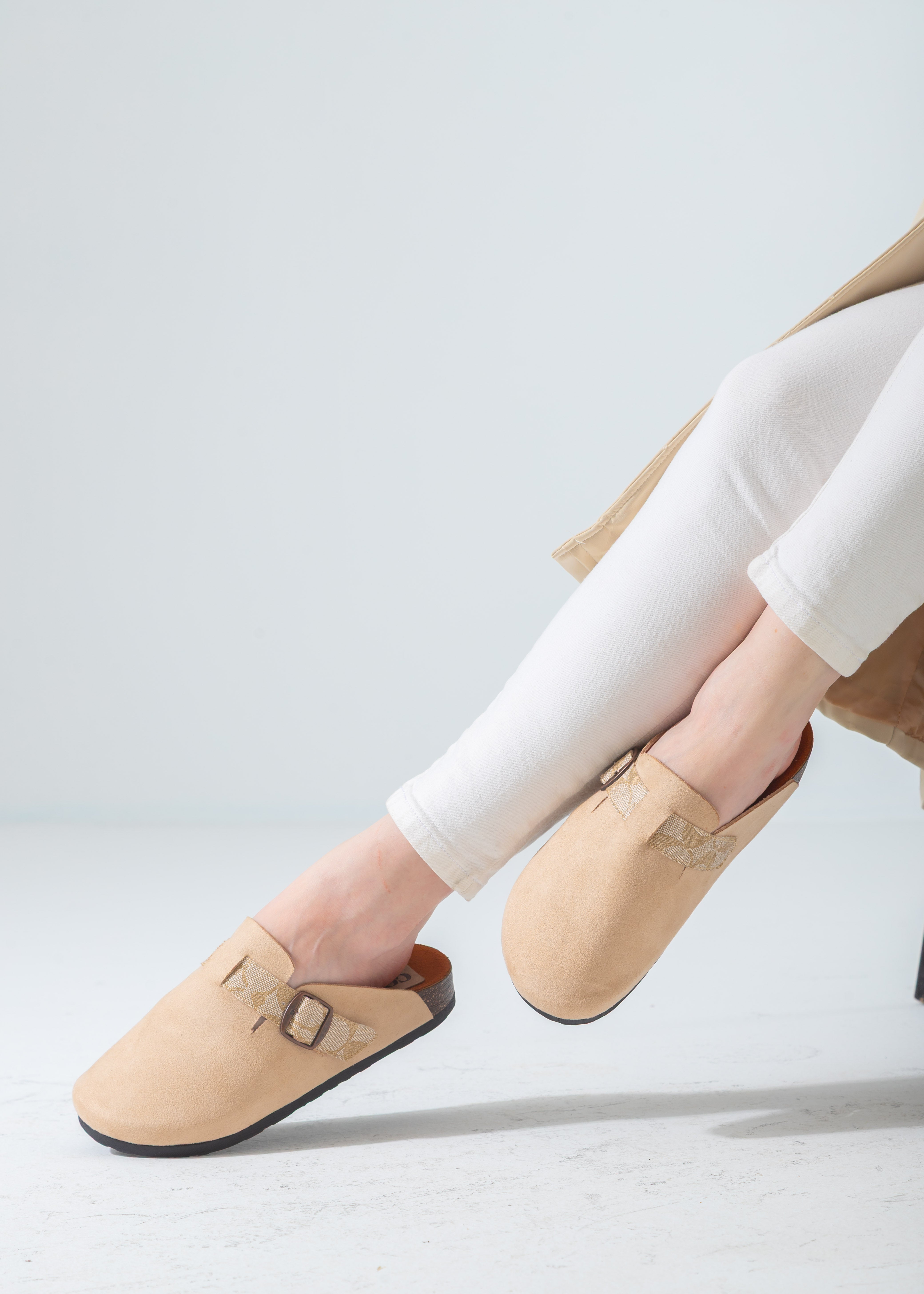 Suede Clog with Monogram Buckle Strap-beige