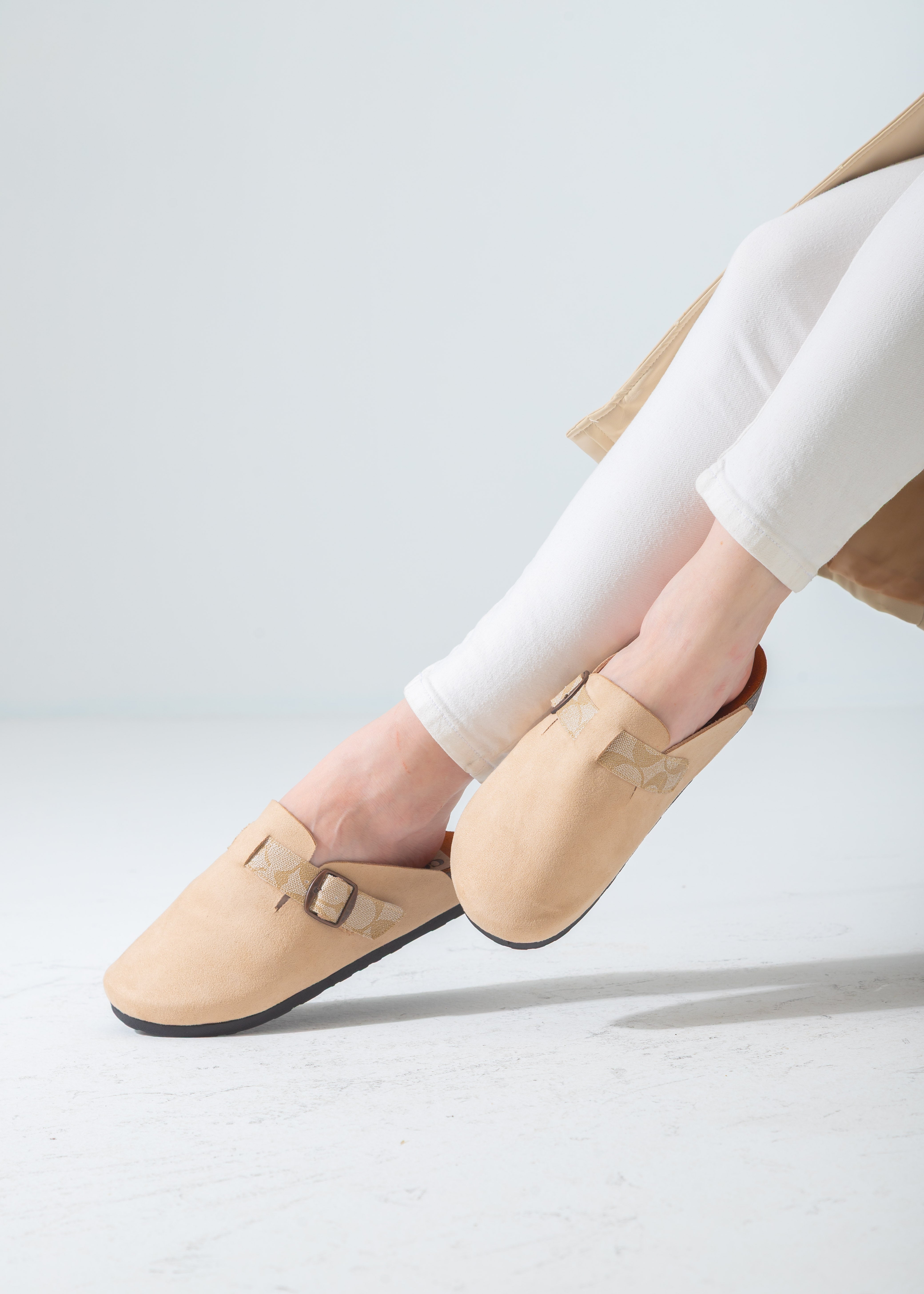 Suede Clog with Monogram Buckle Strap-beige
