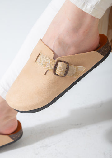 Suede Clog with Monogram Buckle Strap-beige