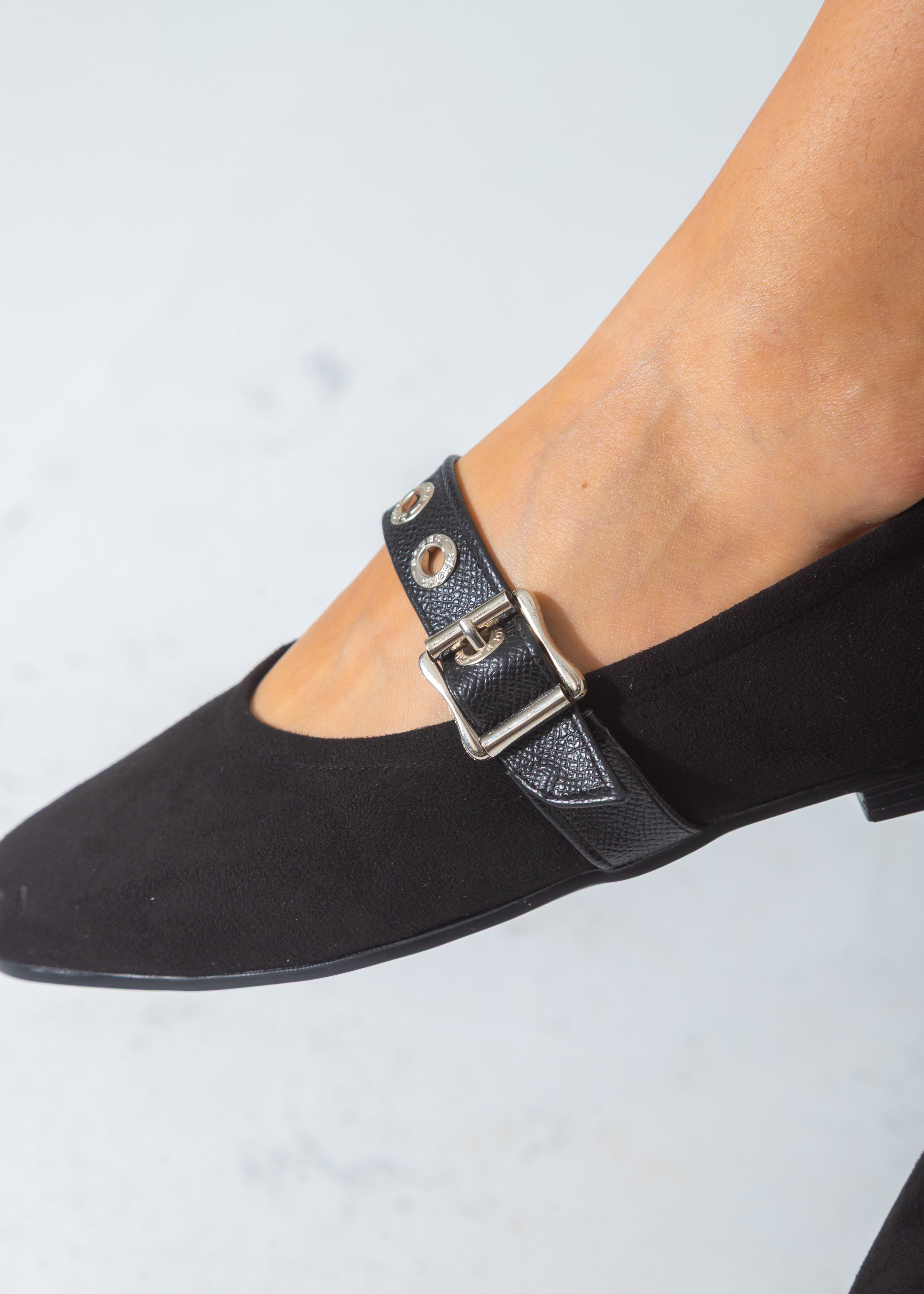 Suede Flat with Buckle and Eyelet Strap-black