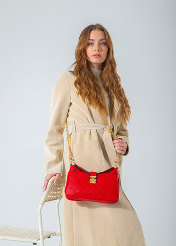 Embossed Chain Shoulder Bag-red