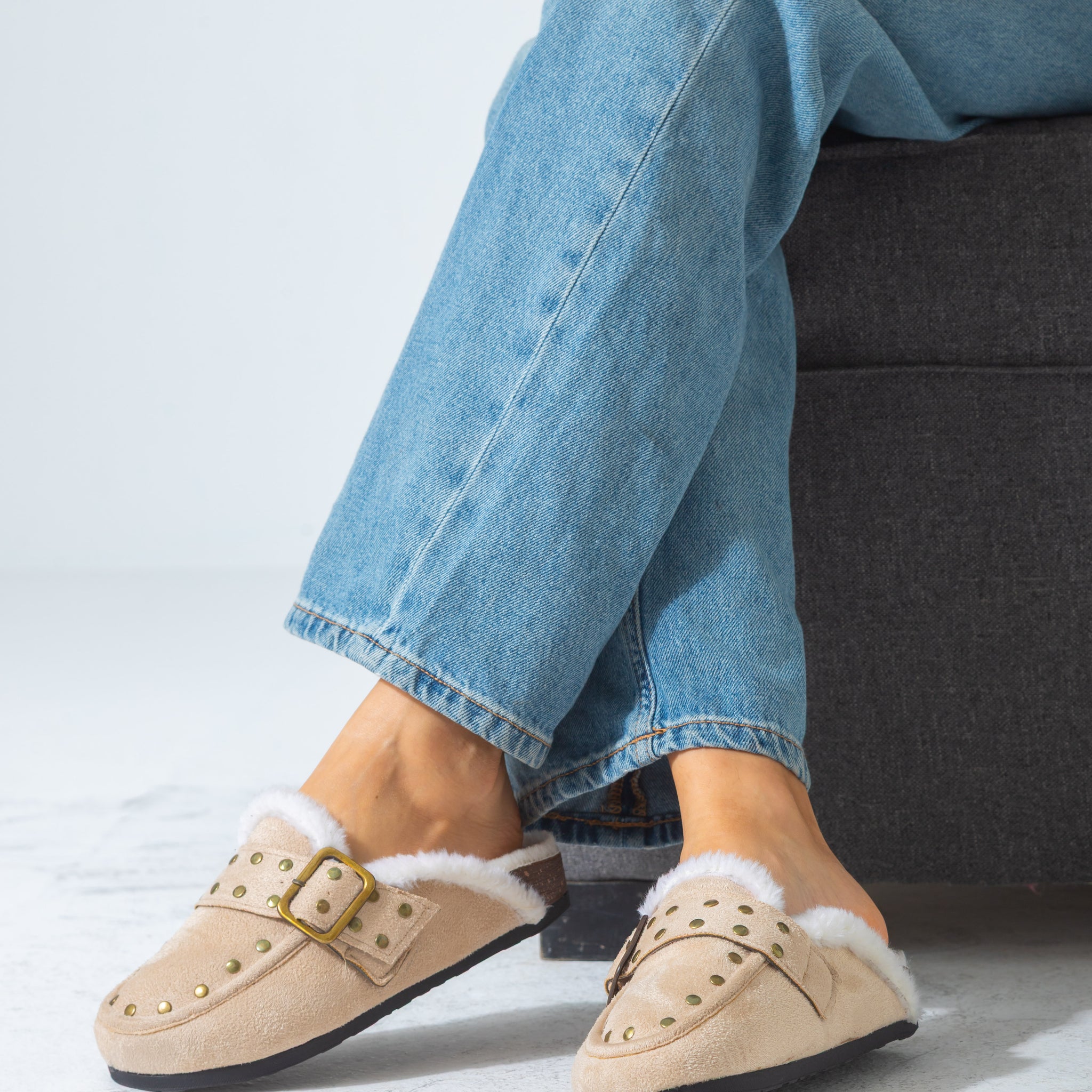 Stud-Detail Cozy Clogs-beige