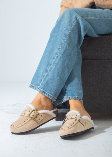 Stud-Detail Cozy Clogs-beige