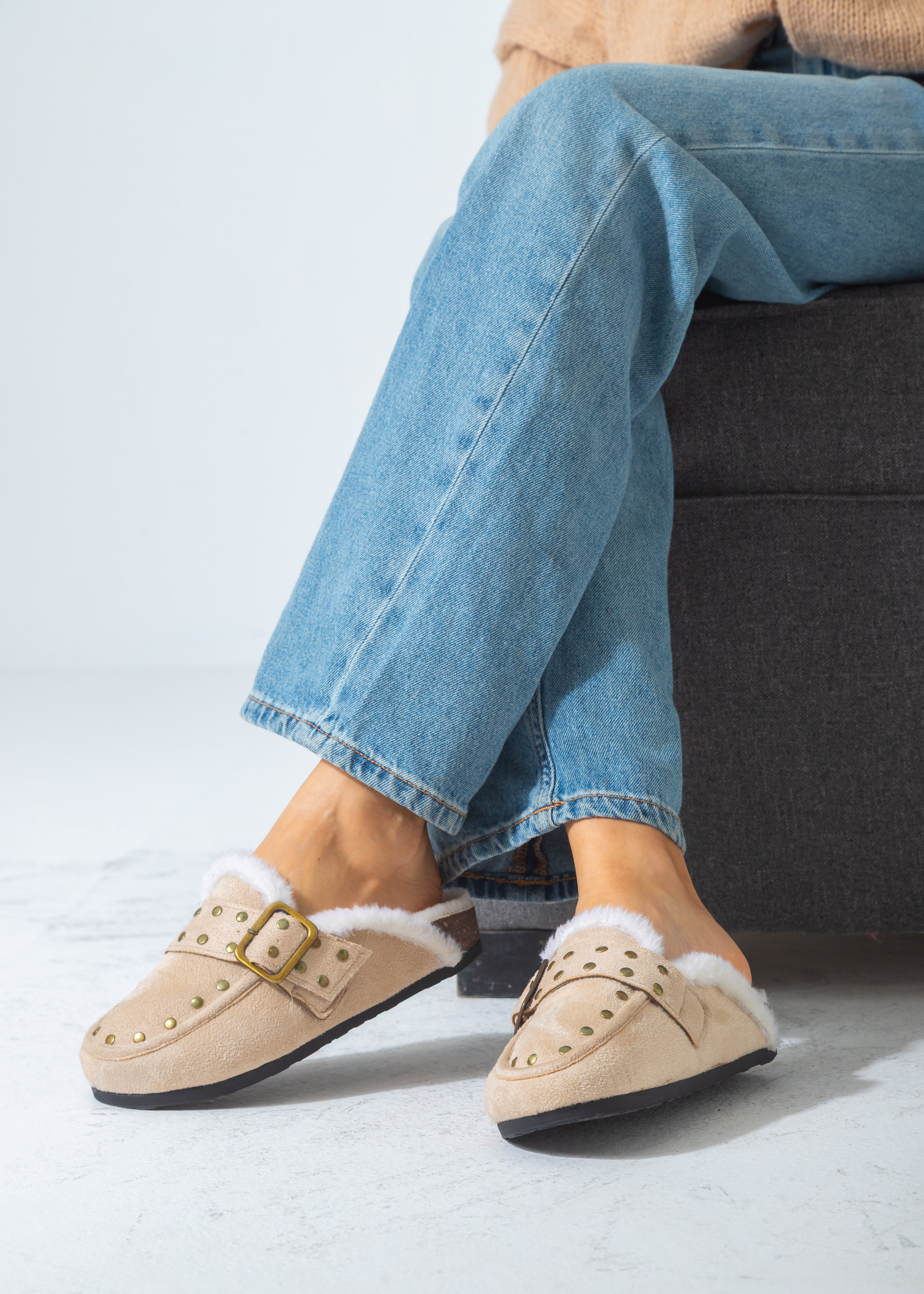 Stud-Detail Cozy Clogs-beige