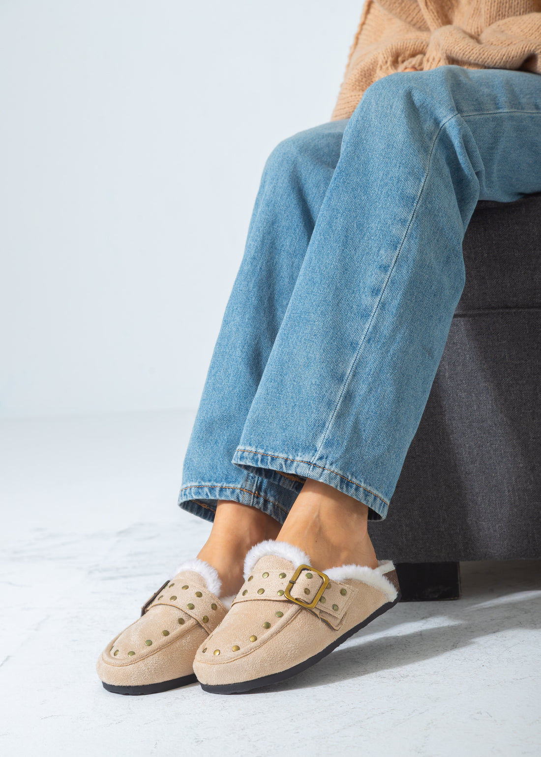 Stud-Detail Cozy Clogs-beige