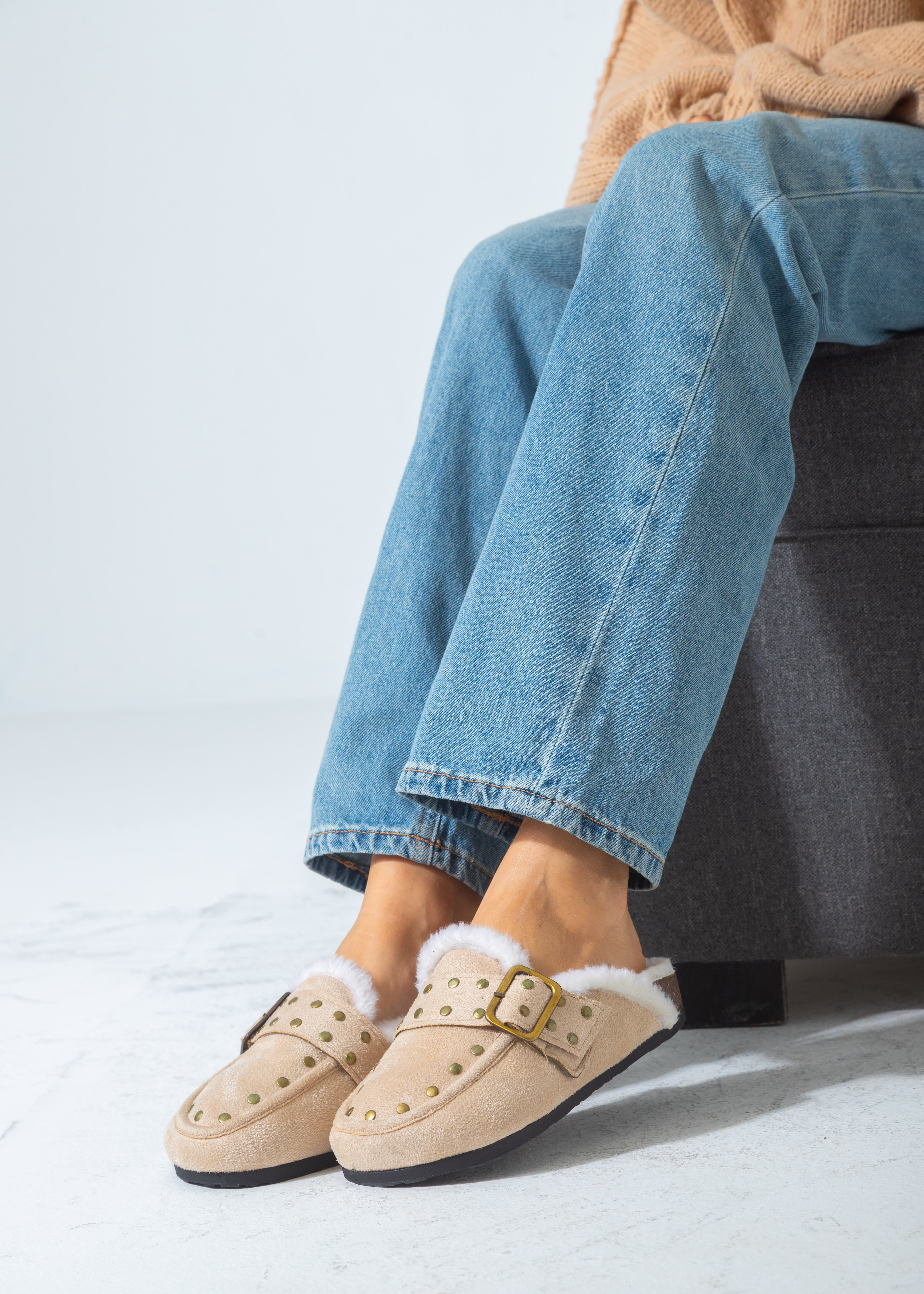 Stud-Detail Cozy Clogs-beige
