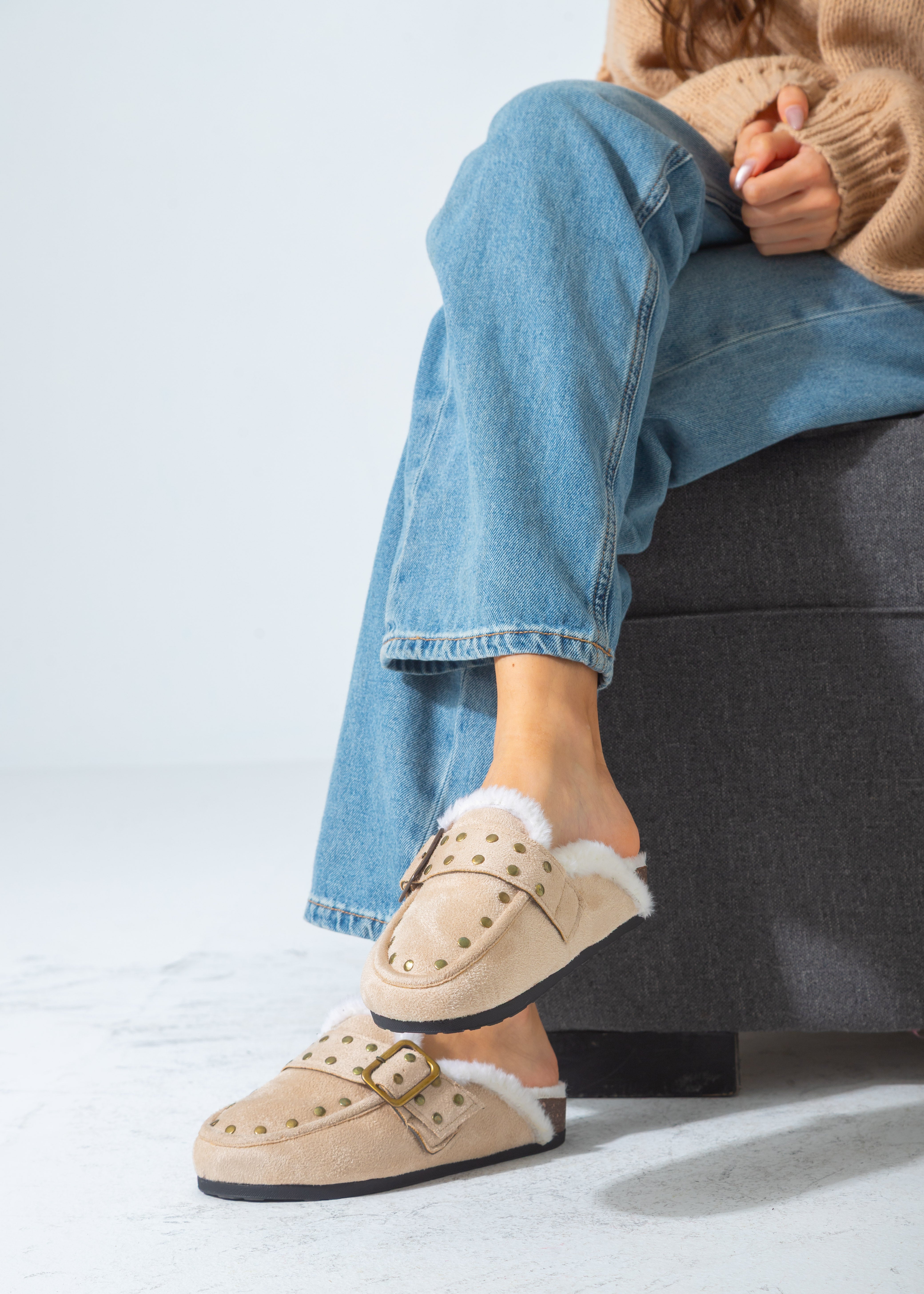 Stud-Detail Cozy Clogs-beige