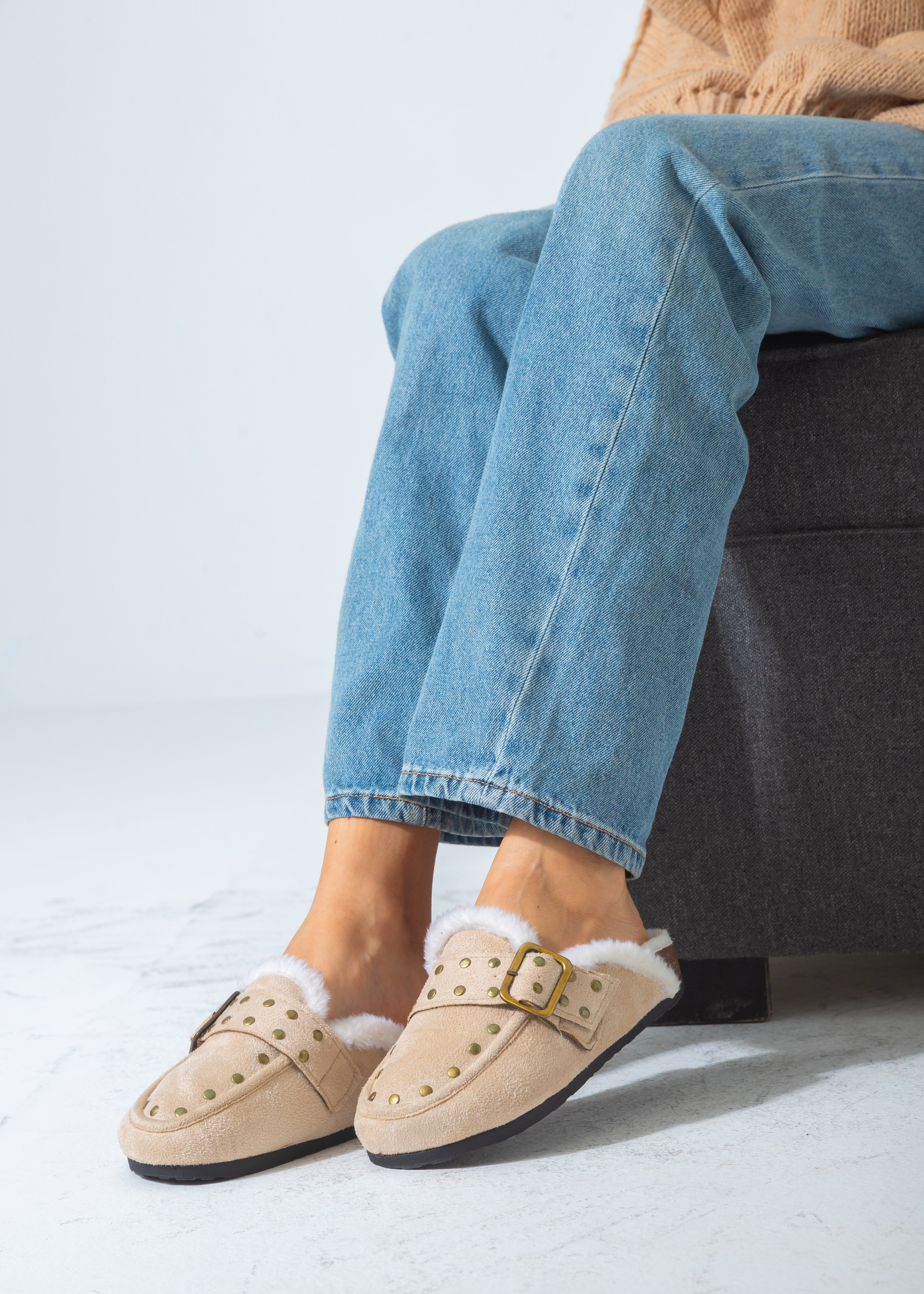 Stud-Detail Cozy Clogs-beige