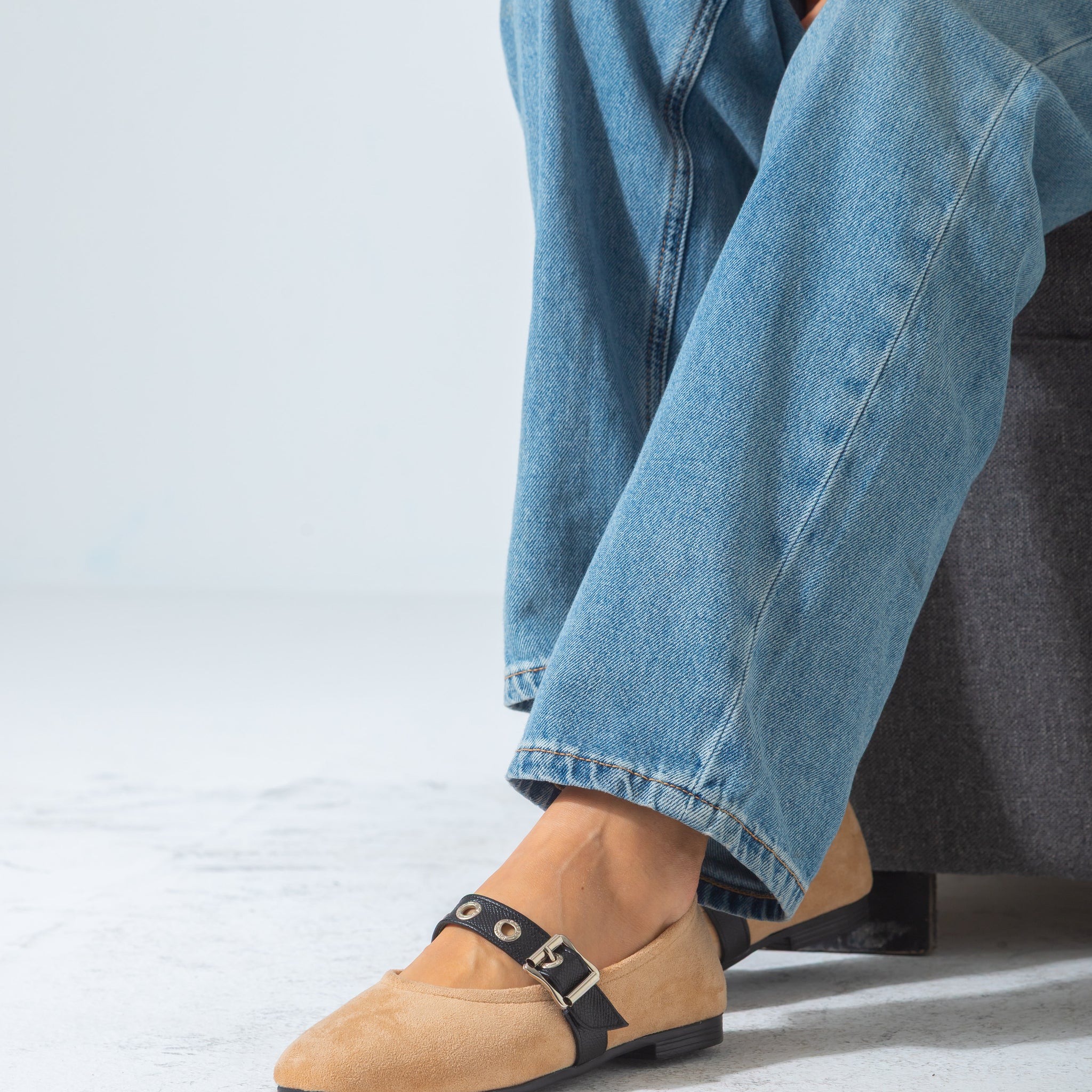 Suede Flat with Buckle and Eyelet Strap-beige