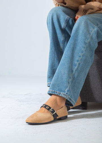 Suede Flat with Buckle and Eyelet Strap-beige
