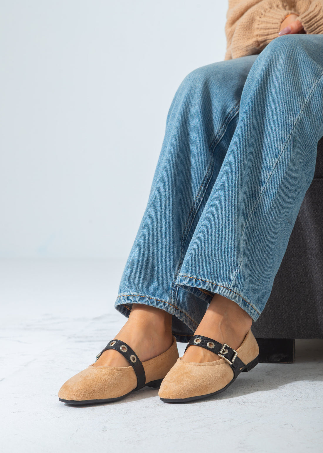 Suede Flat with Buckle and Eyelet Strap-beige