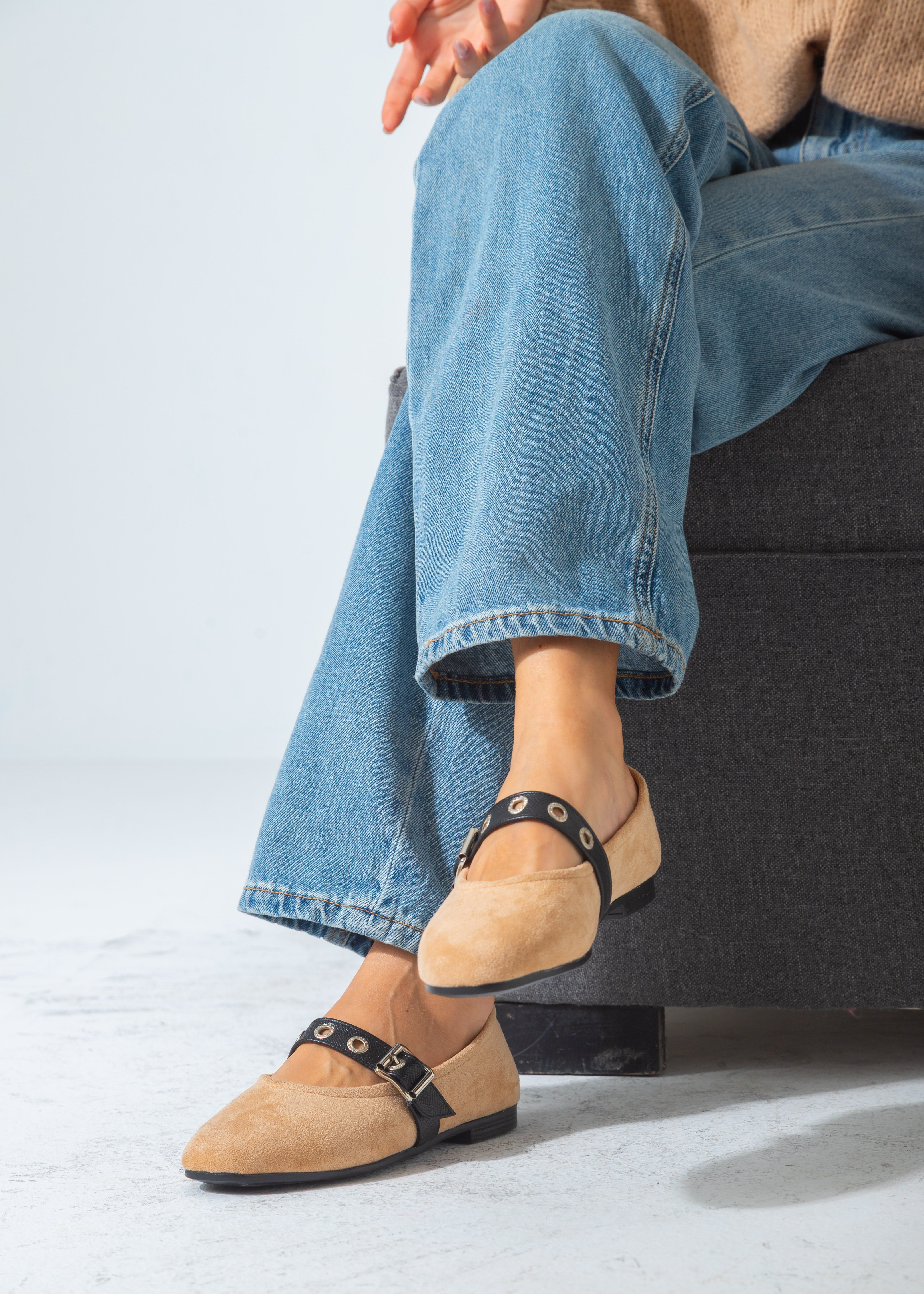 Suede Flat with Buckle and Eyelet Strap-beige