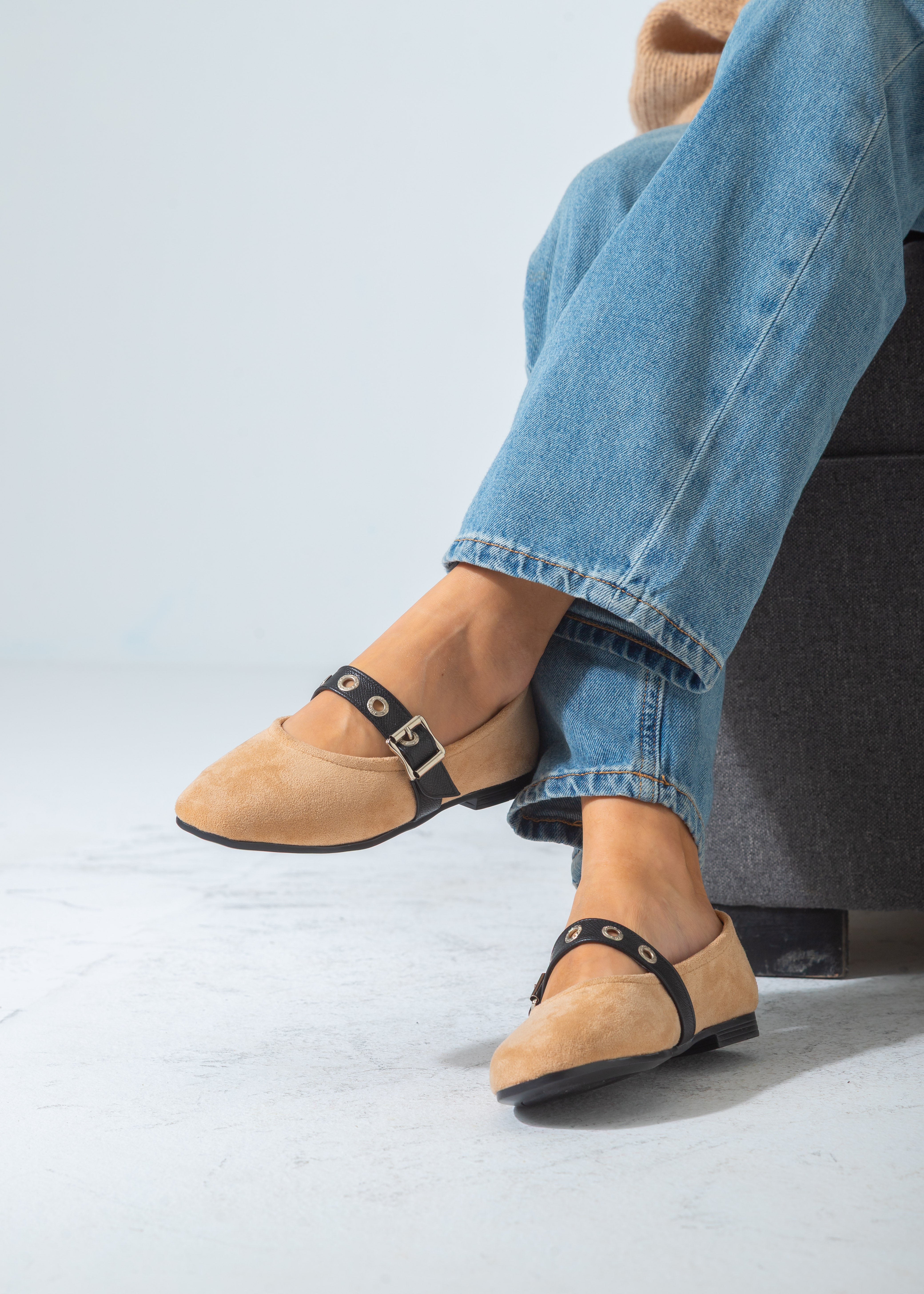 Suede Flat with Buckle and Eyelet Strap-beige