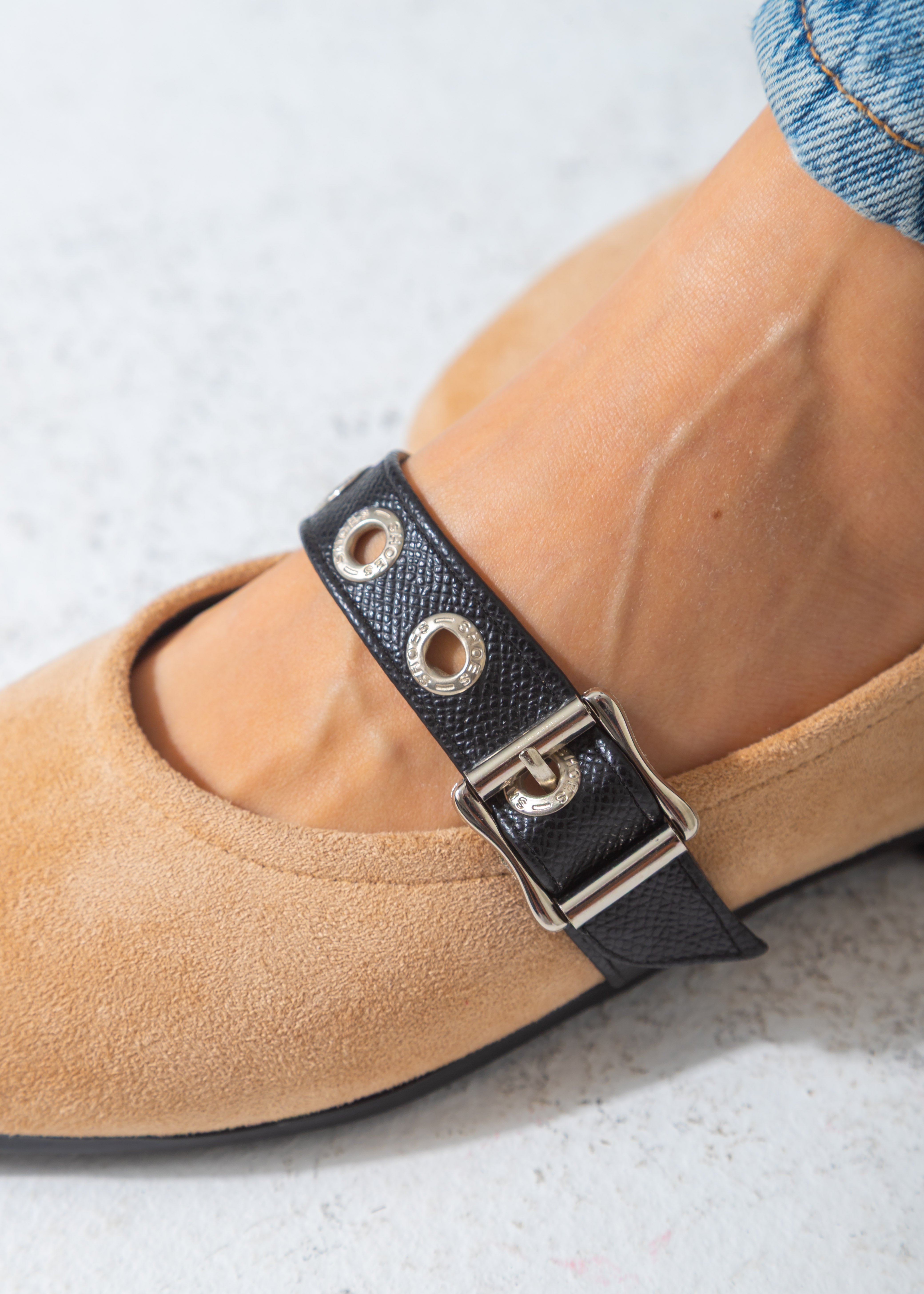Suede Flat with Buckle and Eyelet Strap-beige