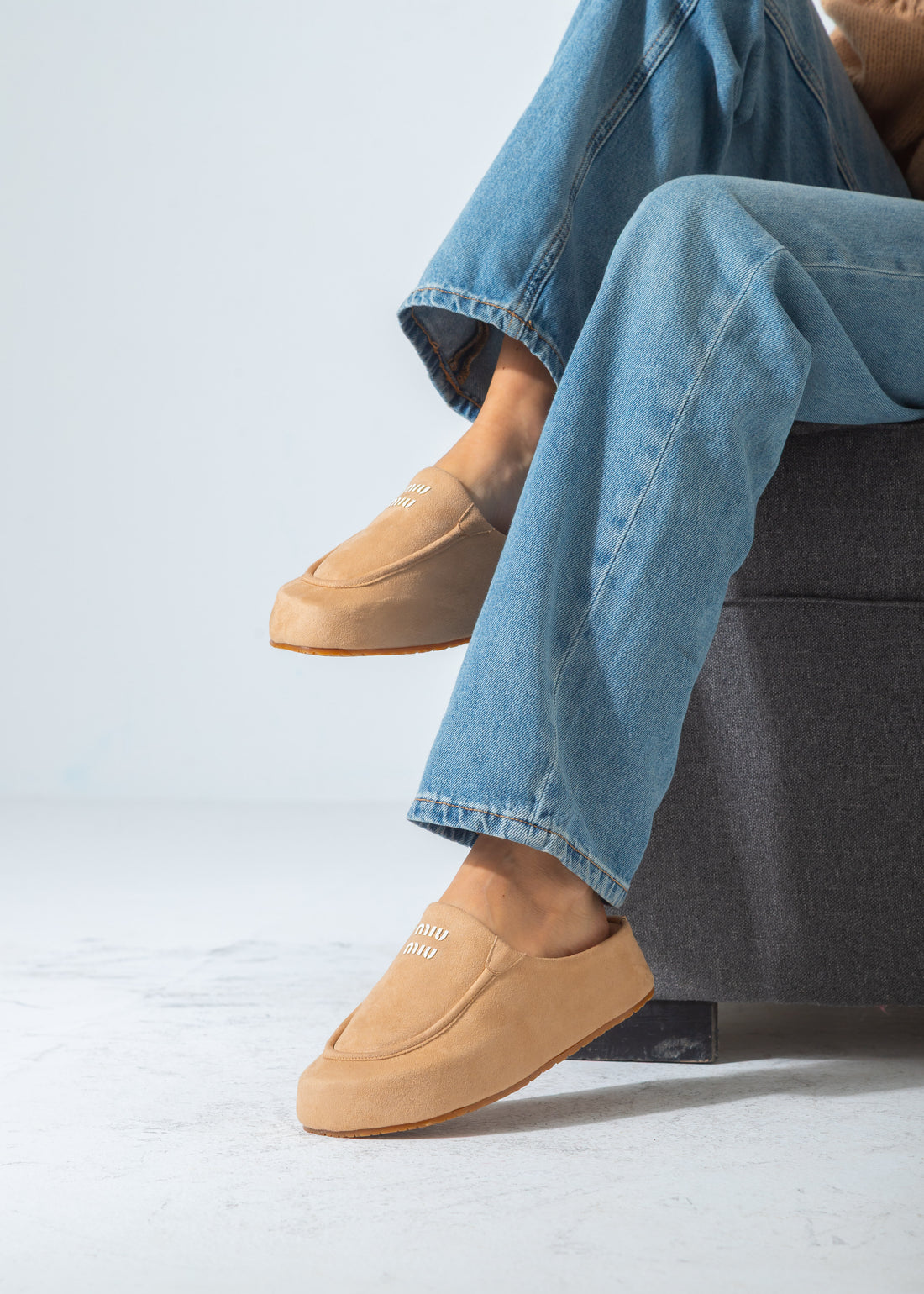 Suede Moccasin Backless Clogs-beige