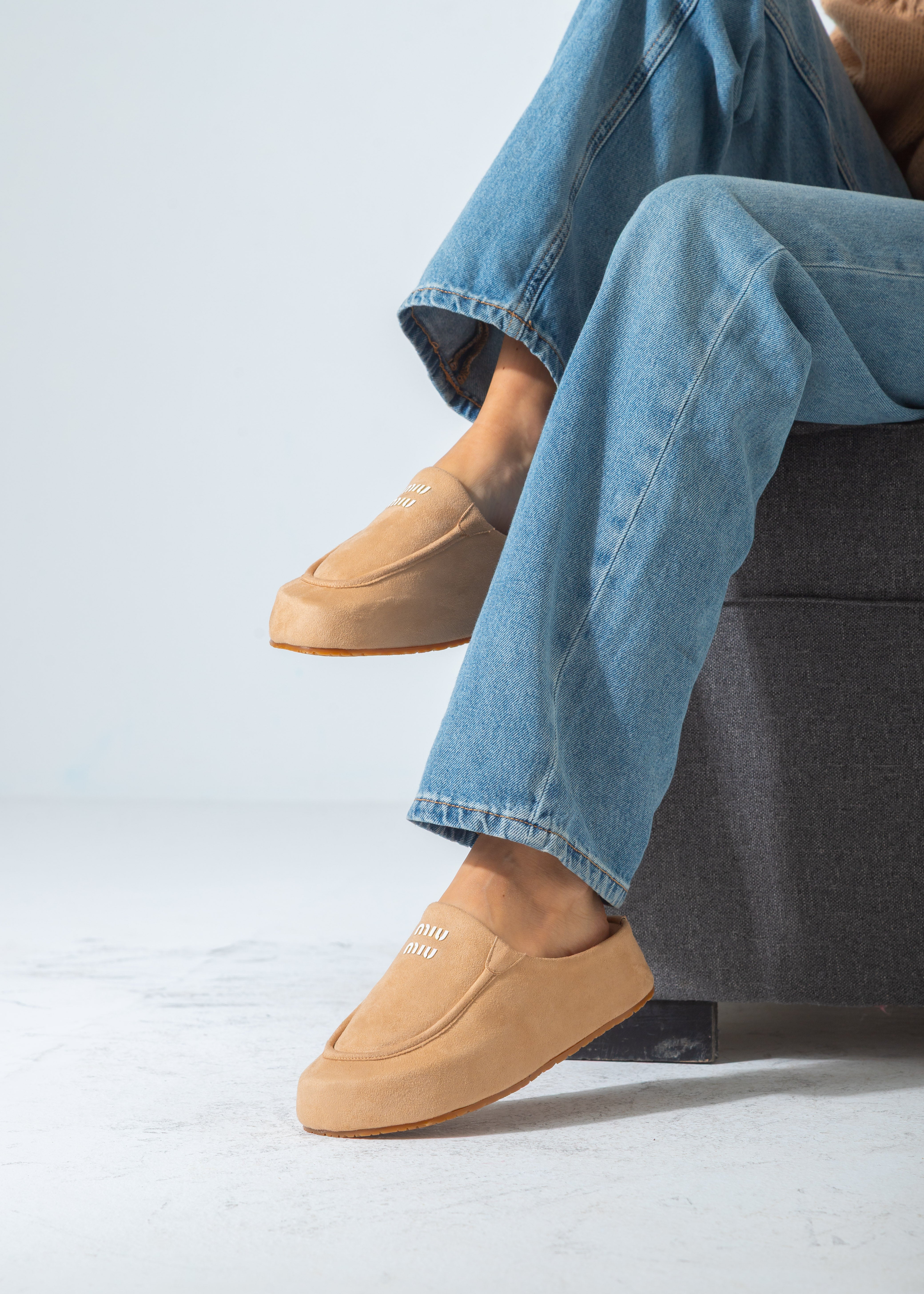 Suede Moccasin Backless Clogs-beige