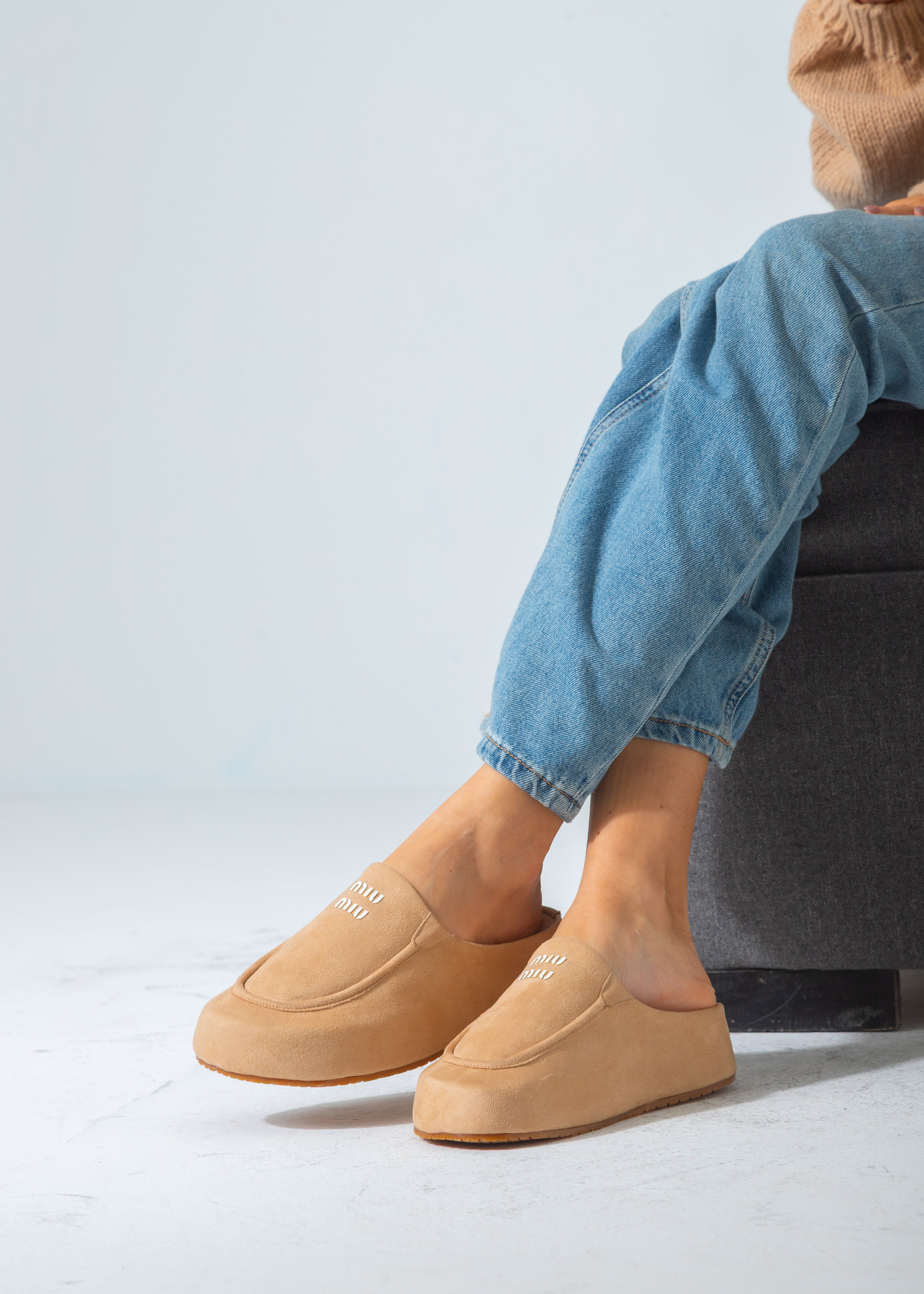 Suede Moccasin Backless Clogs-beige