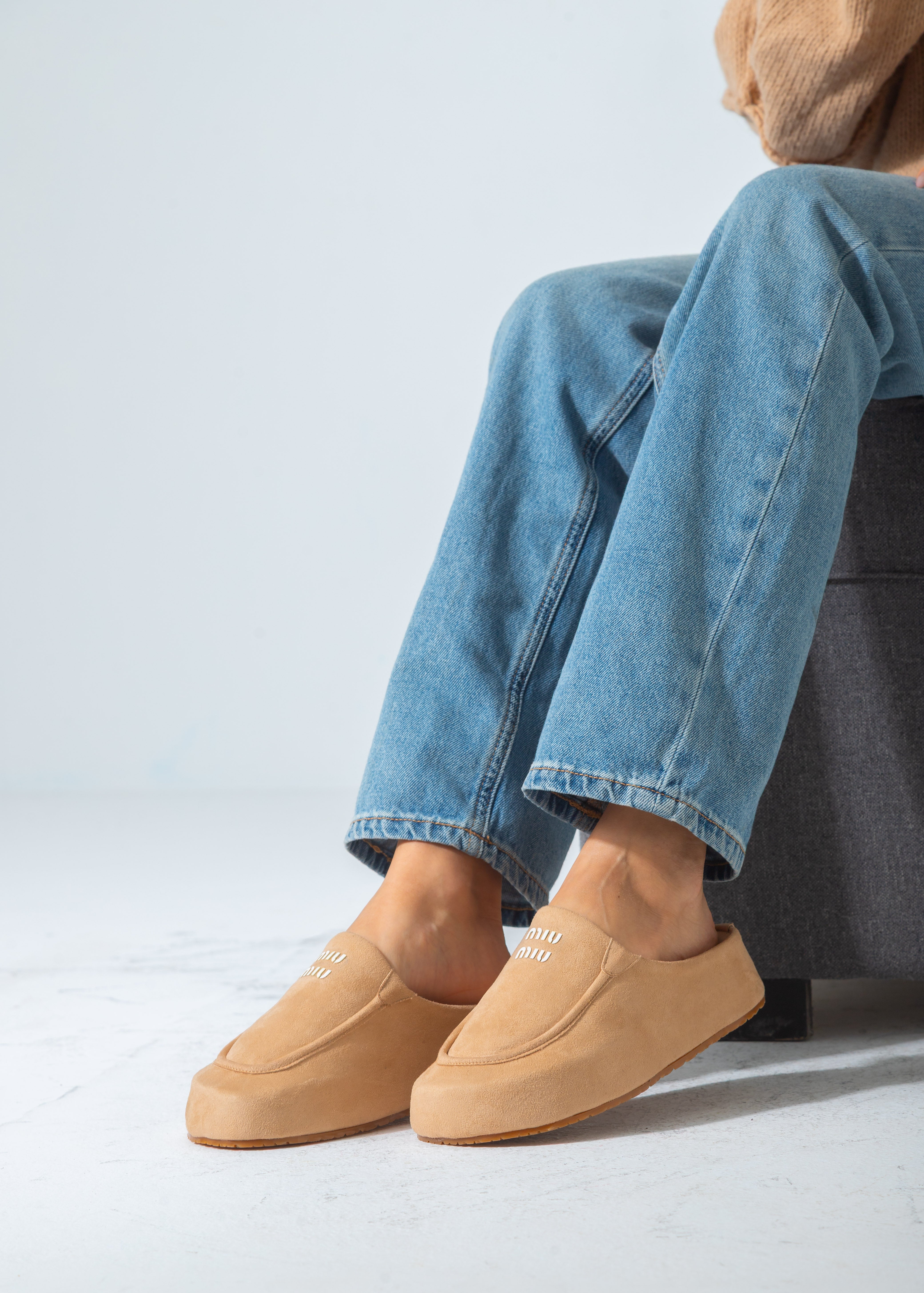 Suede Moccasin Backless Clogs-beige