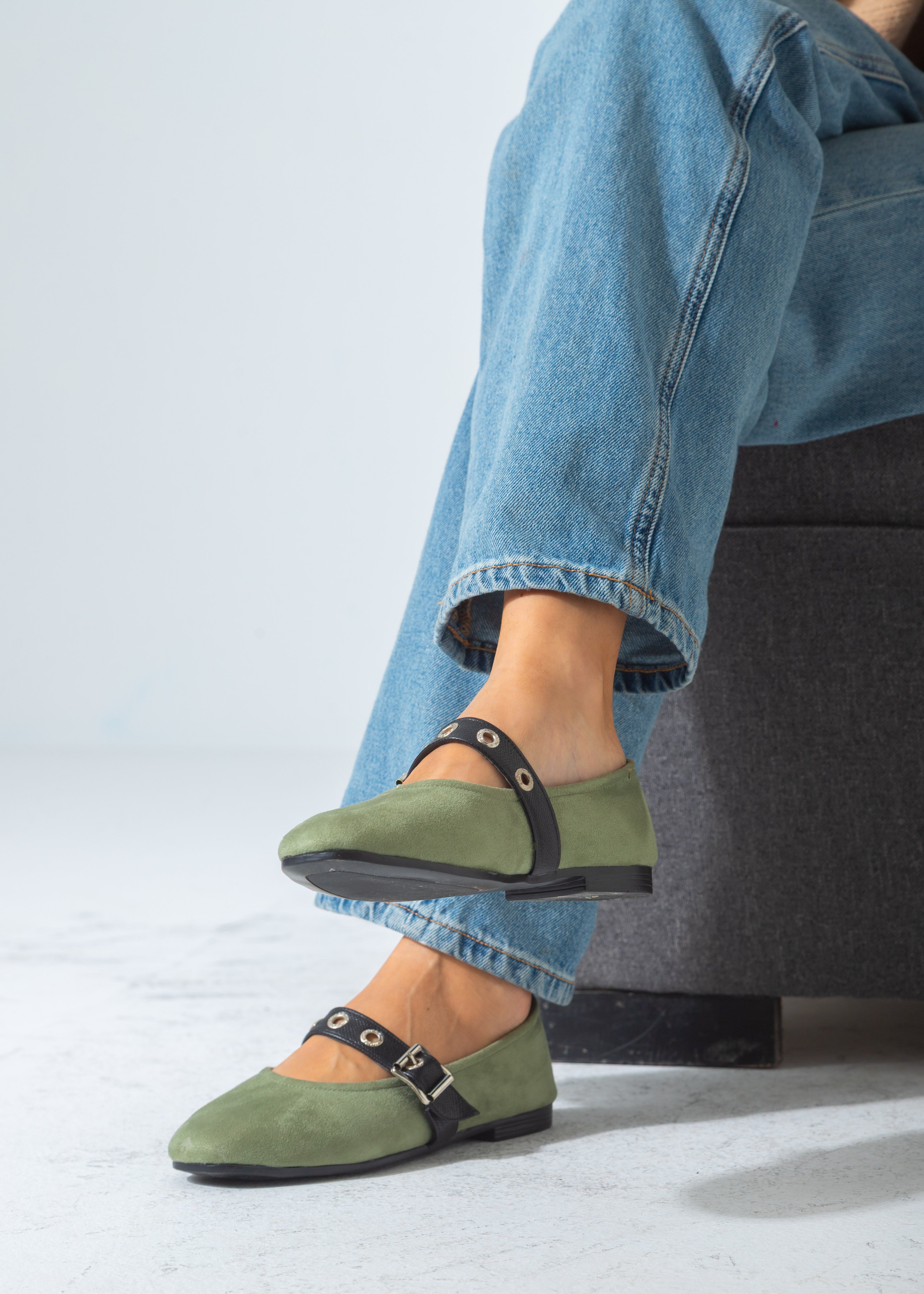 Suede Flat with Buckle and Eyelet Strap-green