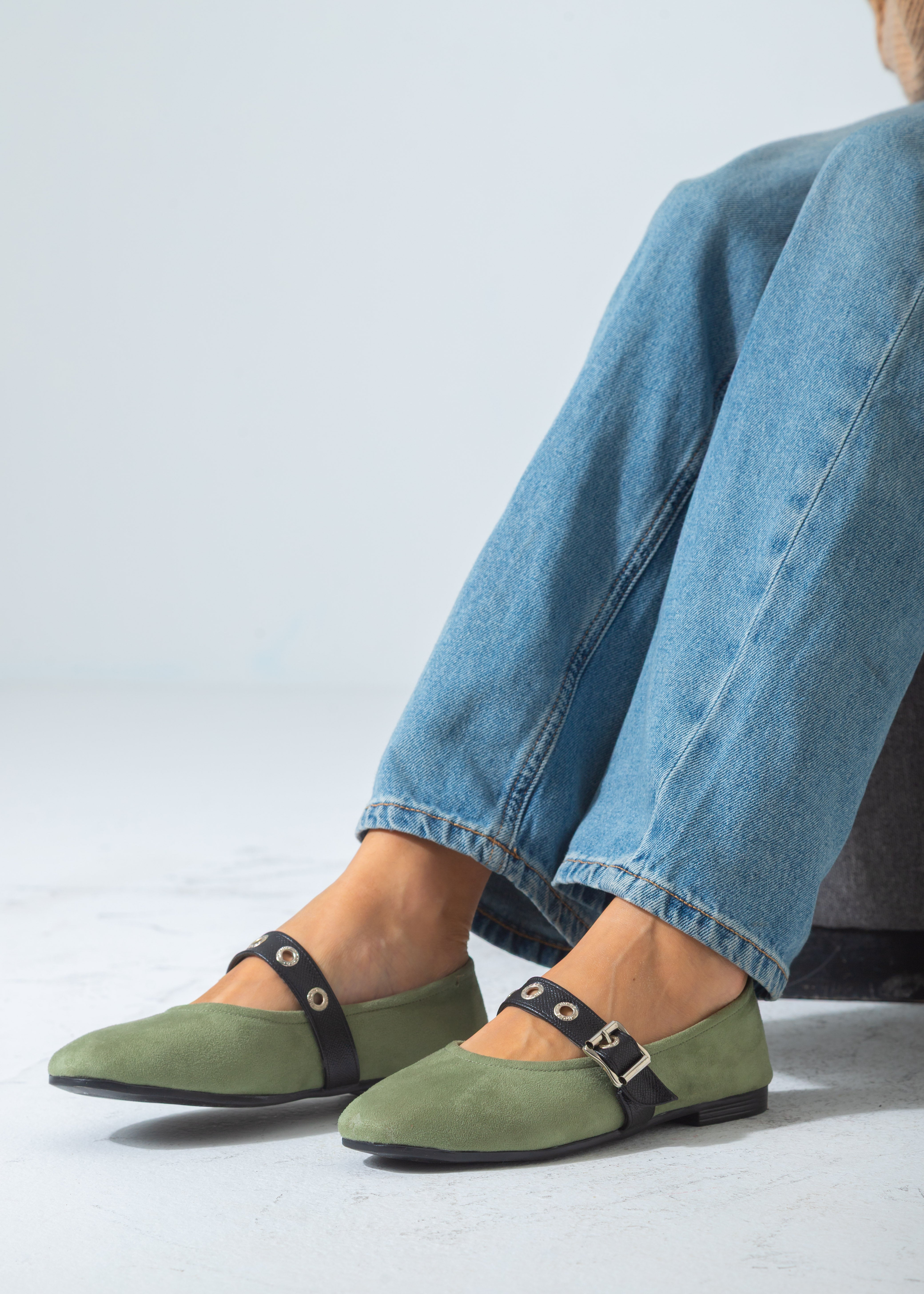 Suede Flat with Buckle and Eyelet Strap-green