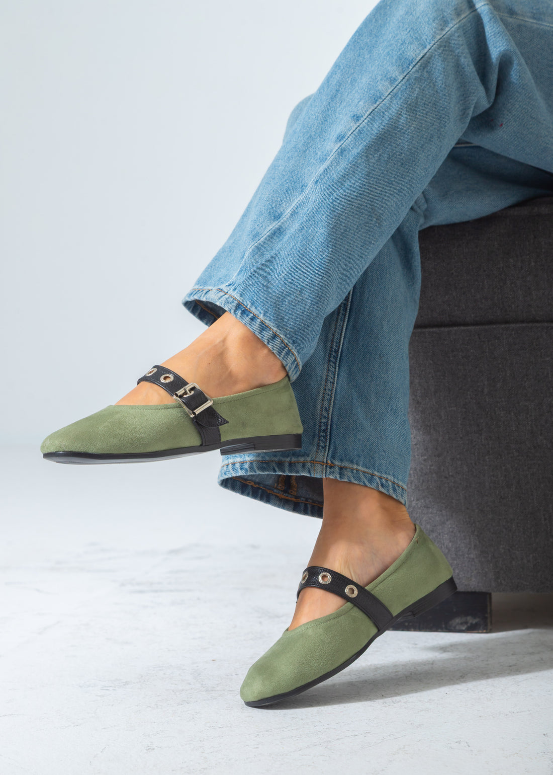 Suede Flat with Buckle and Eyelet Strap-green