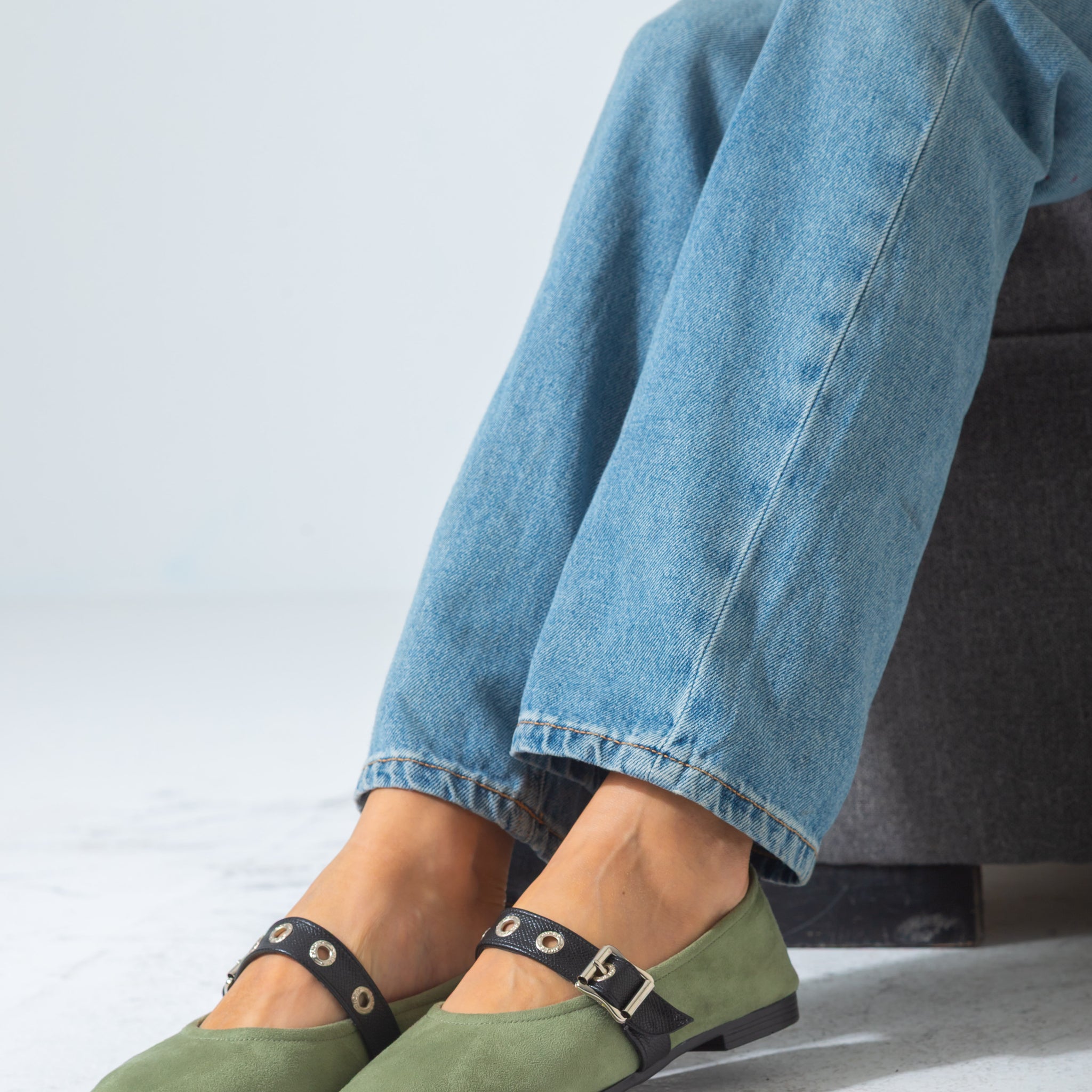 Suede Flat with Buckle and Eyelet Strap-green