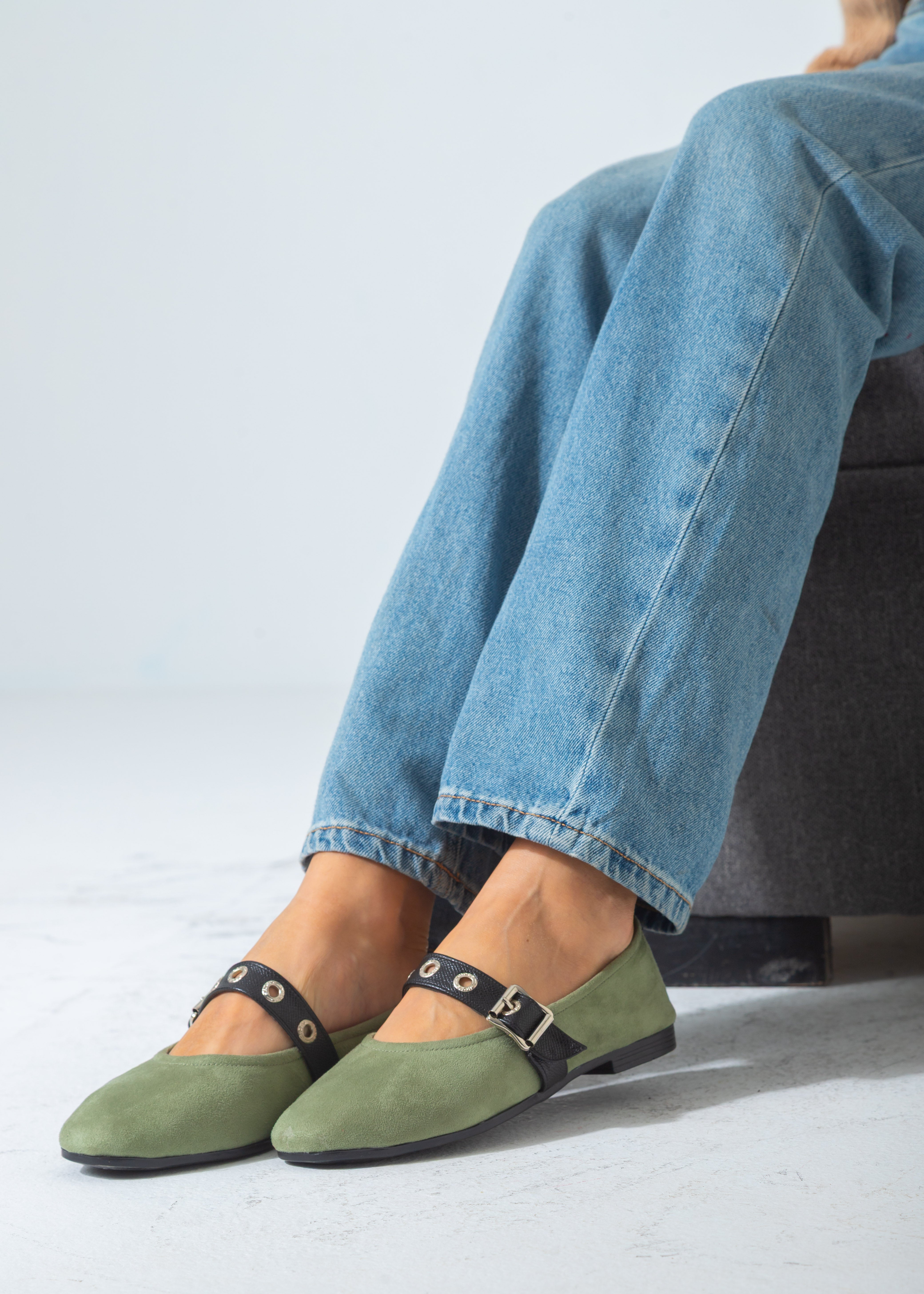 Suede Flat with Buckle and Eyelet Strap-green