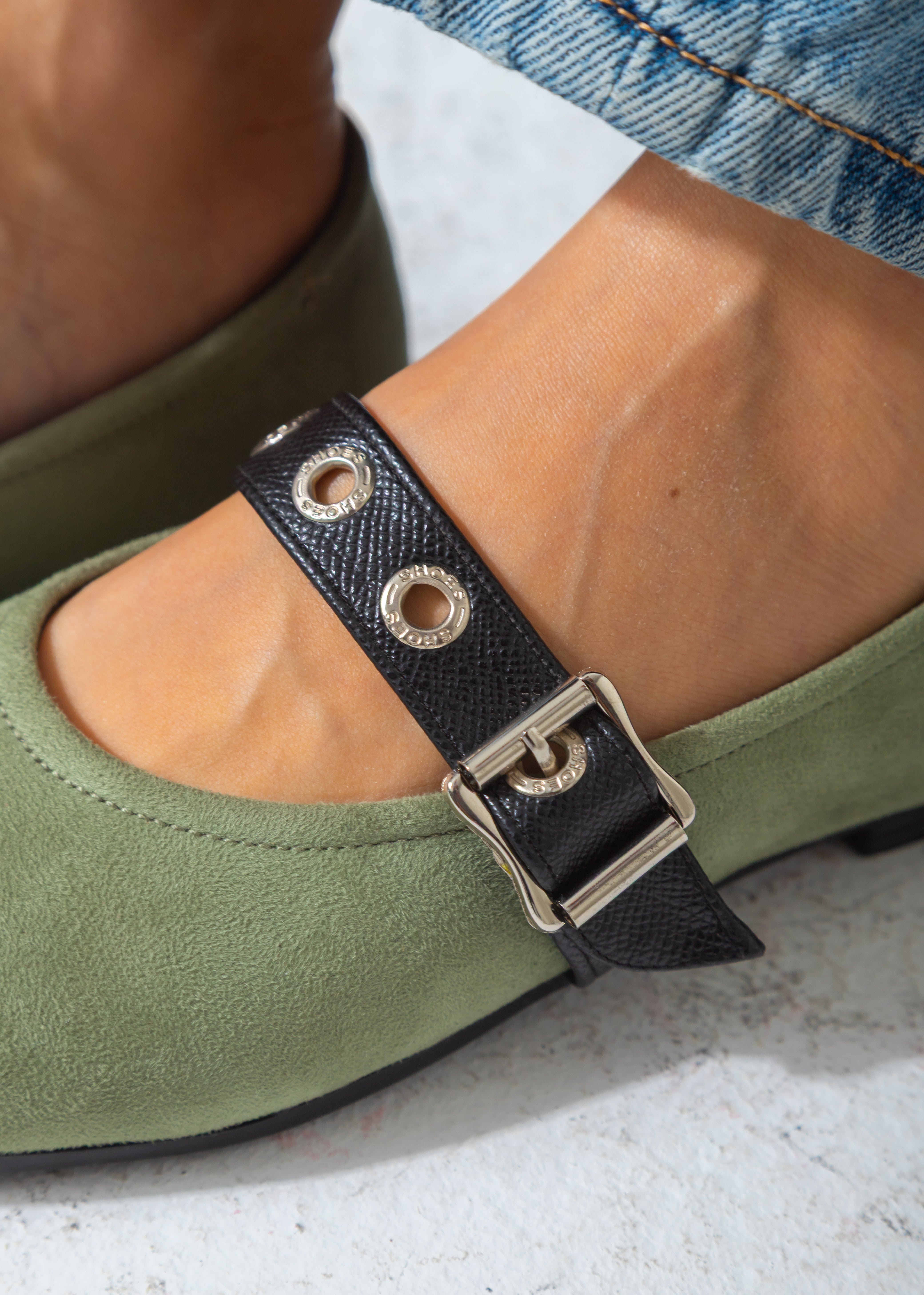 Suede Flat with Buckle and Eyelet Strap-green