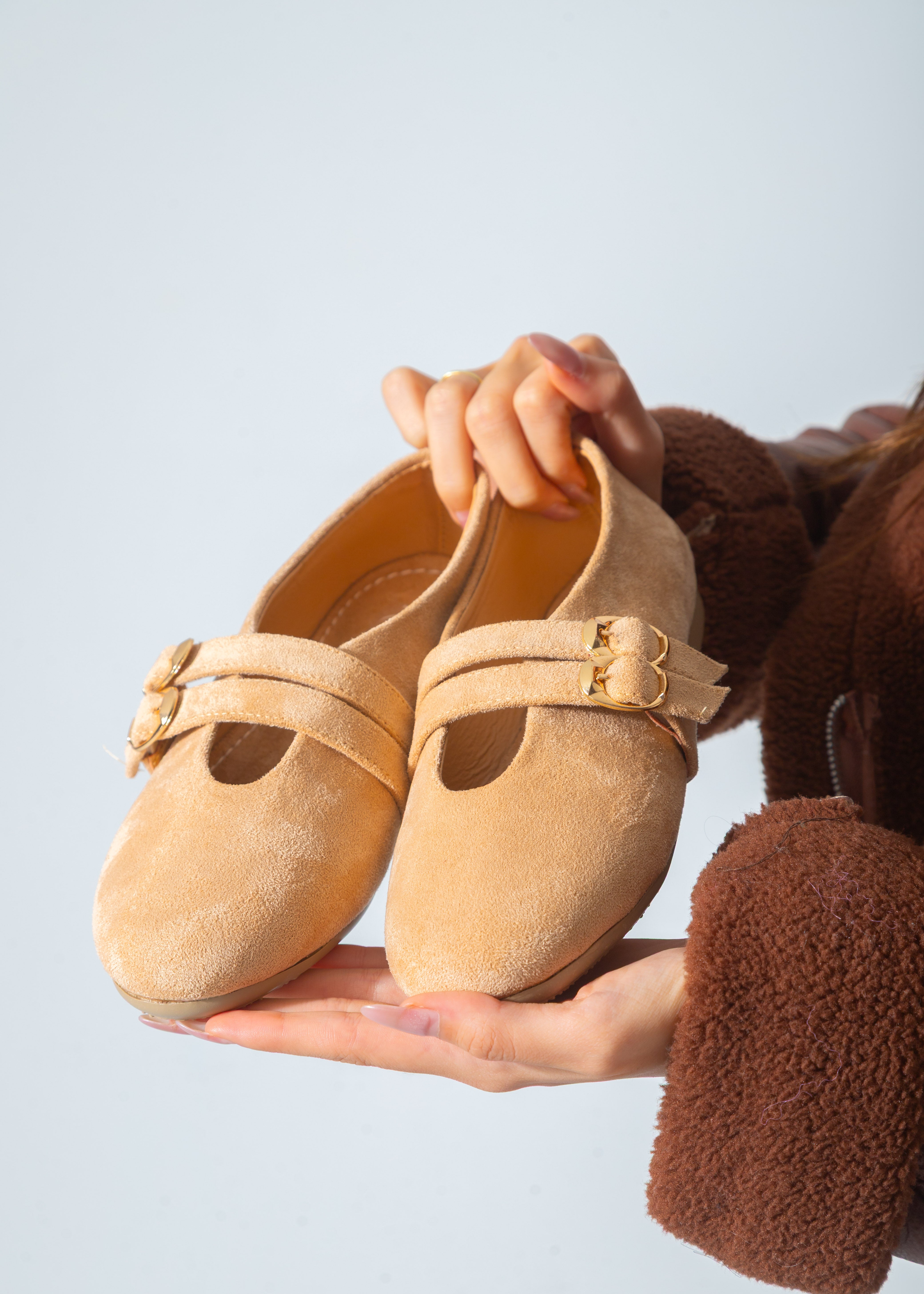 Suede Twin-Strap Flat-beige