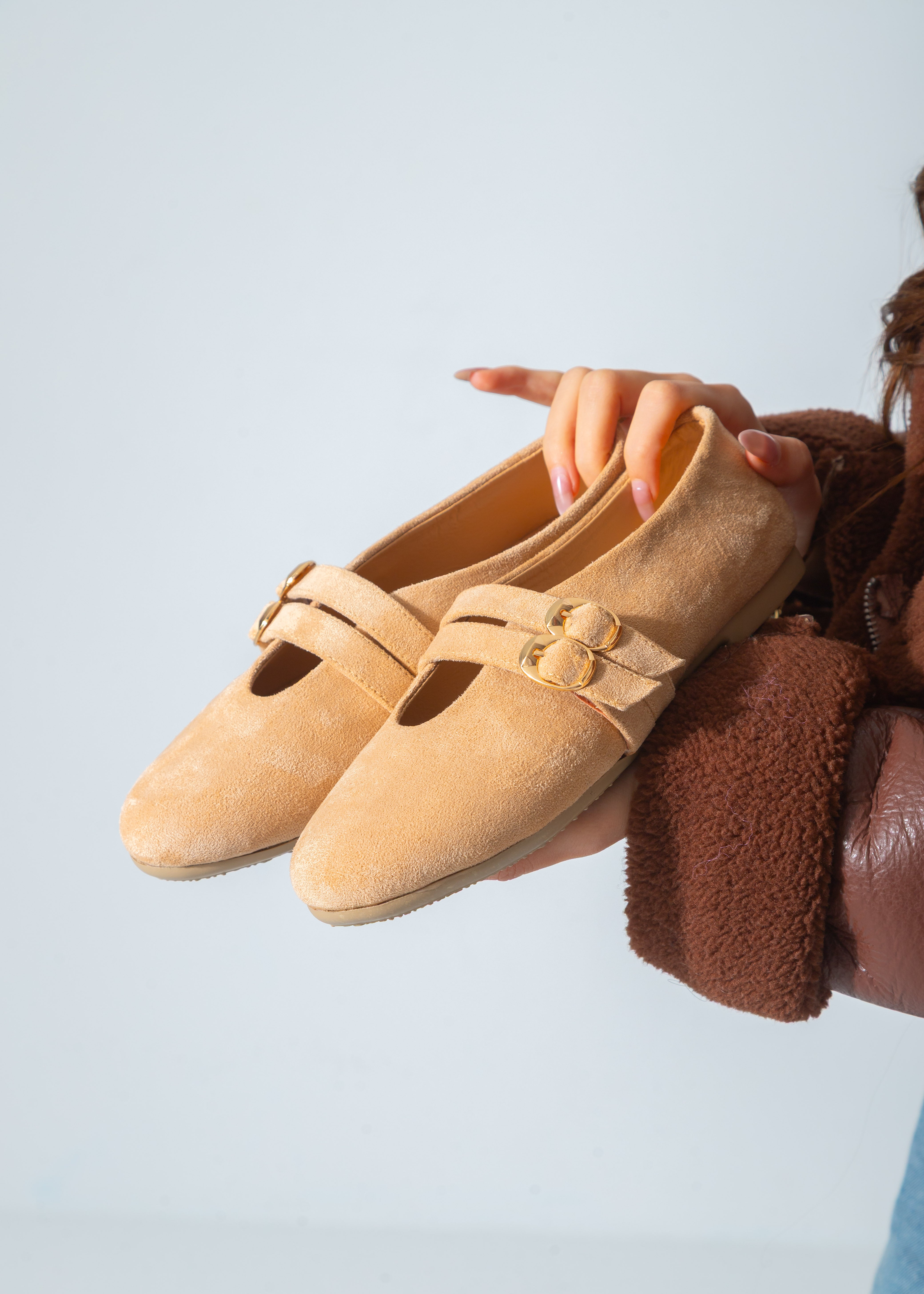 Suede Twin-Strap Flat-beige