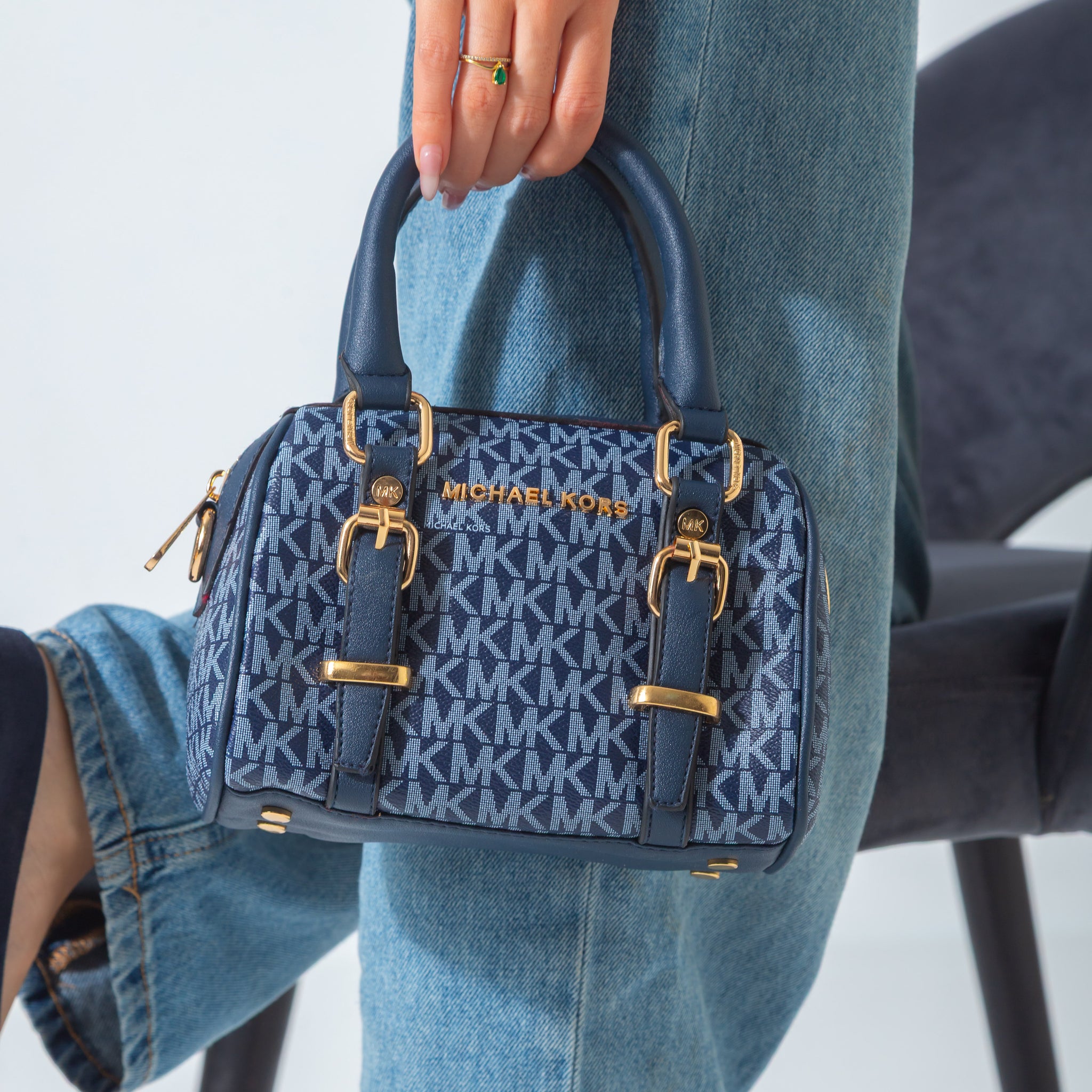 MK Logo Print Mini Barrel Bag-blue