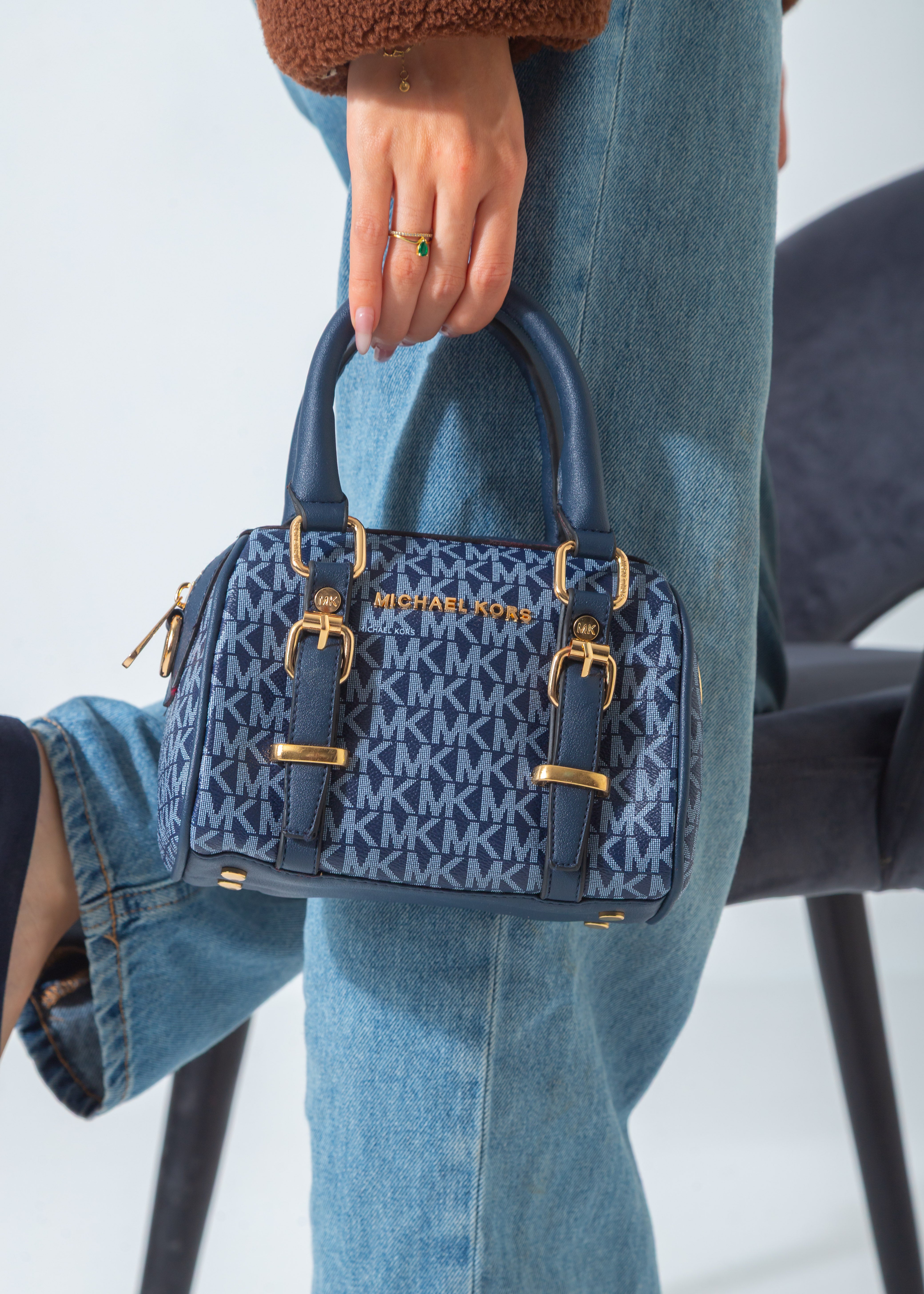 MK Logo Print Mini Barrel Bag-blue