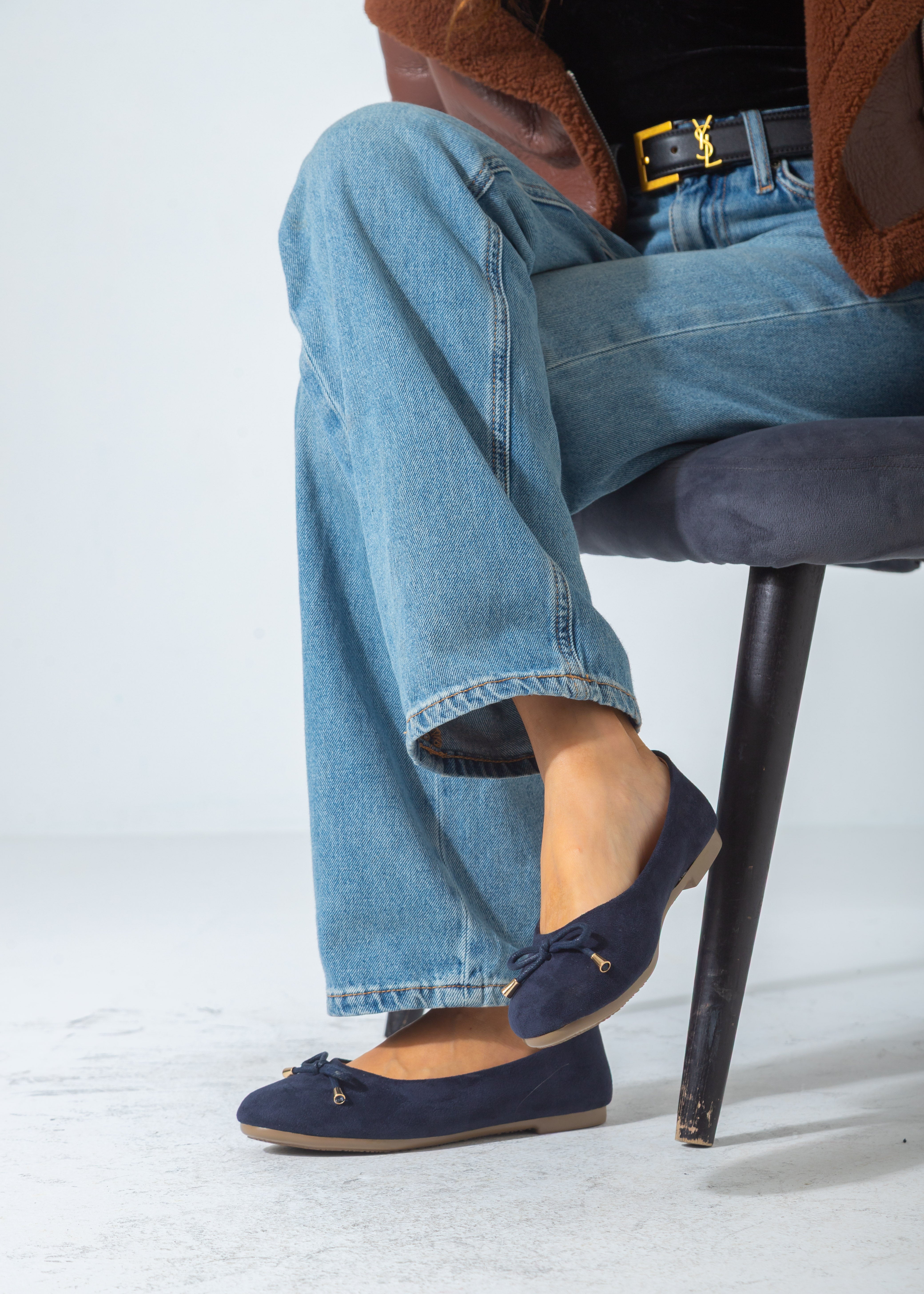 Suede Bow Ballet Flat-dark blue