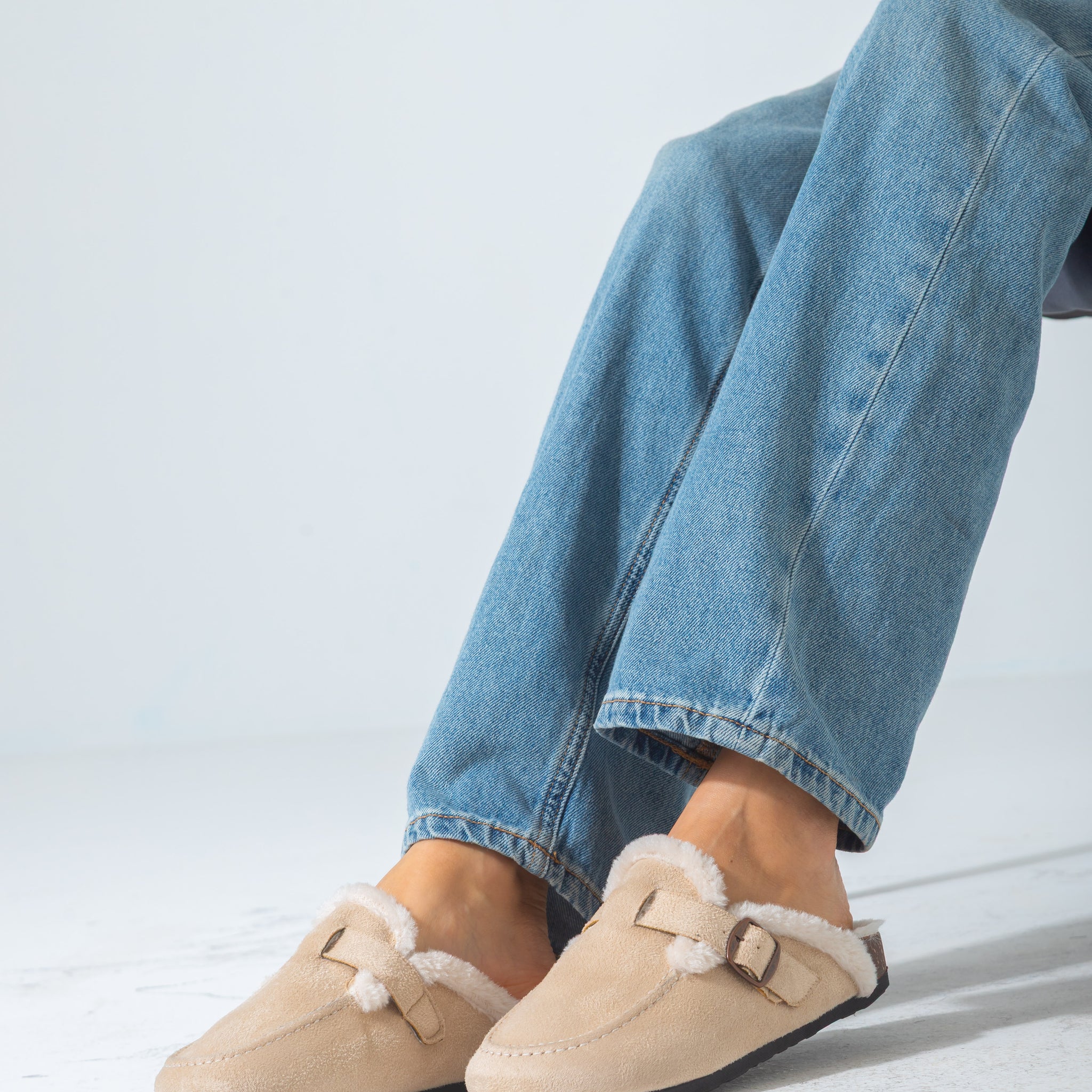 Faux-Fur Buckle Clogs-beige