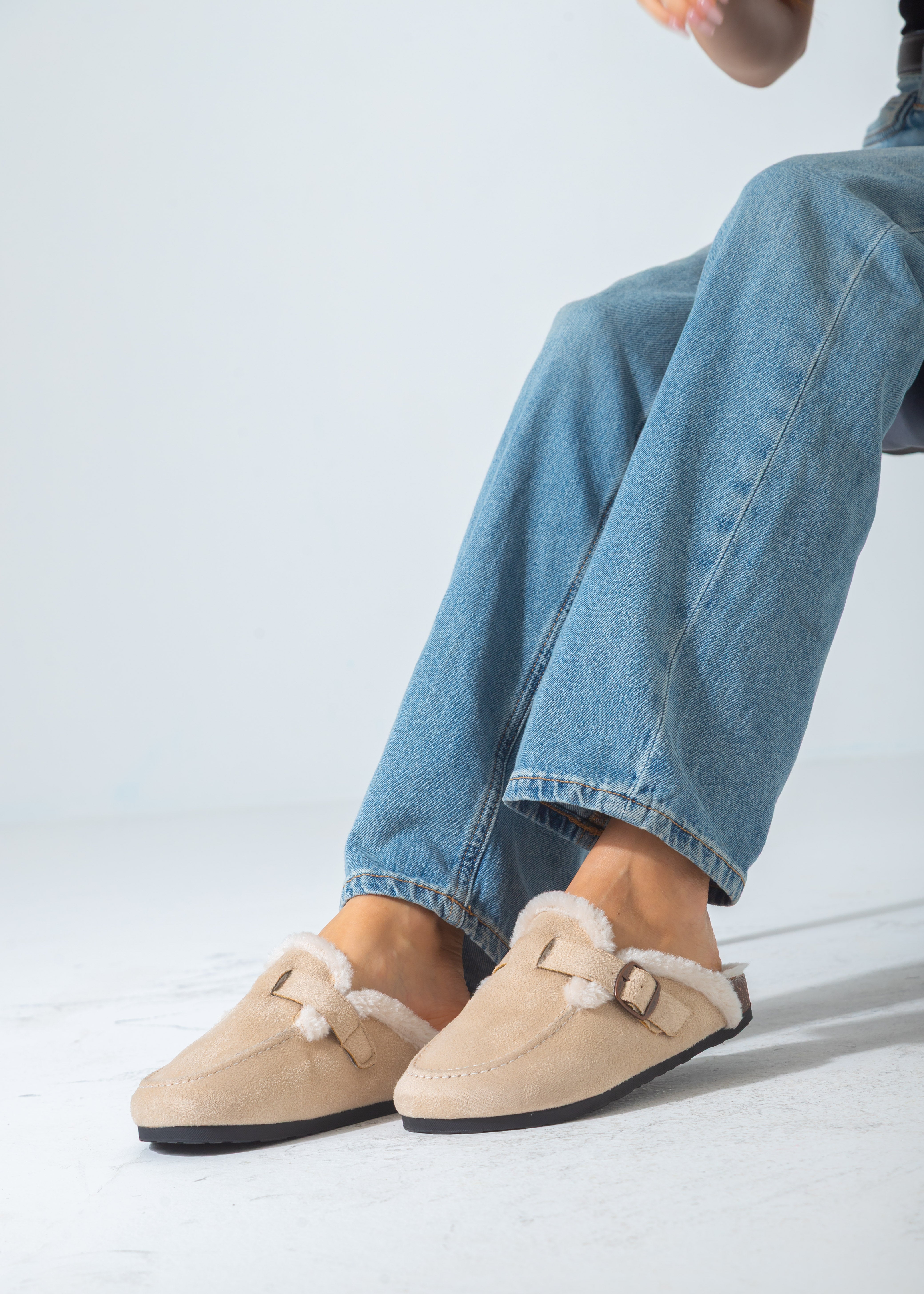 Faux-Fur Buckle Clogs-beige