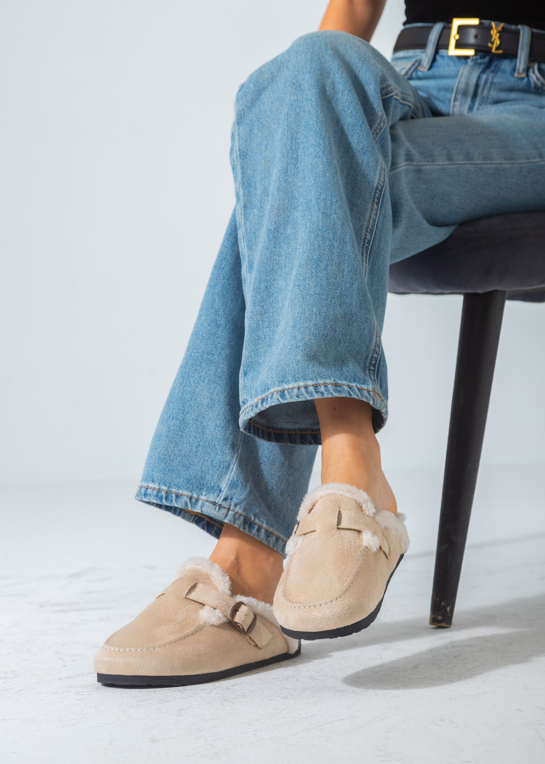 Faux-Fur Buckle Clogs-beige