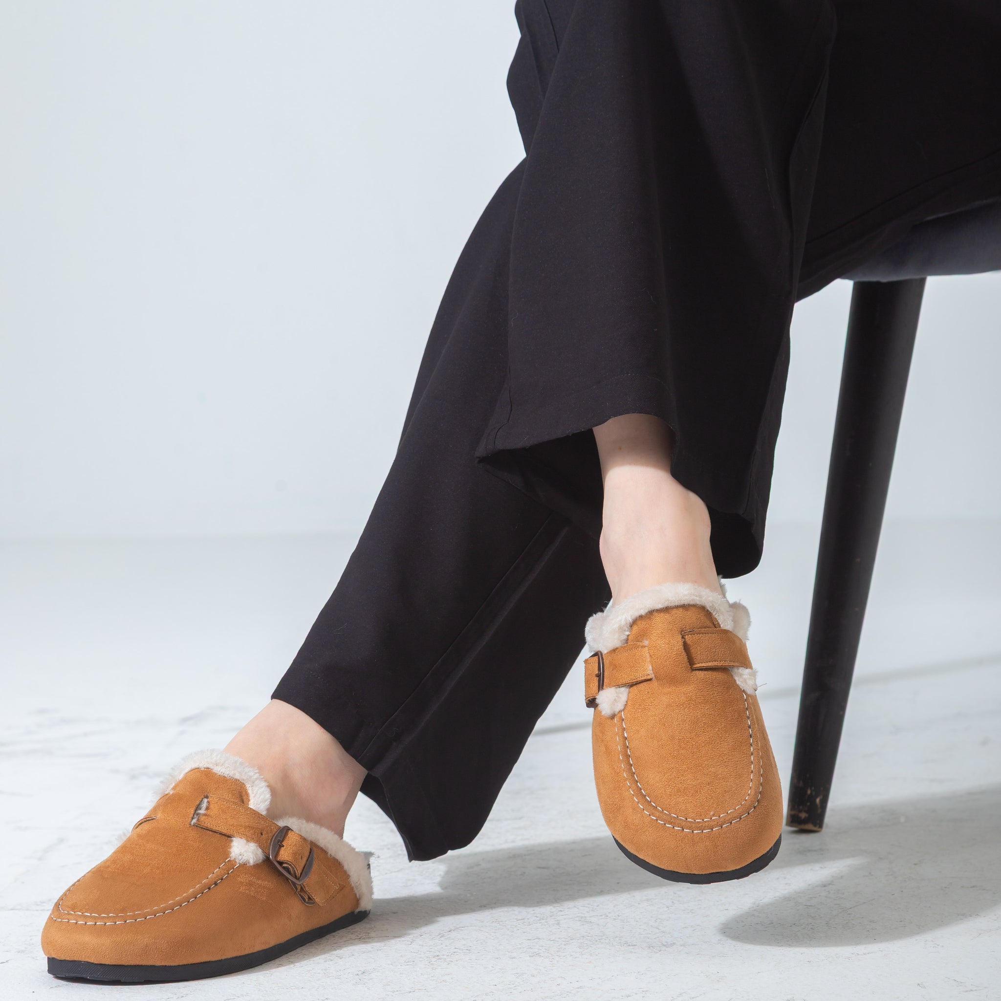 Faux-Fur Buckle Clogs-camel