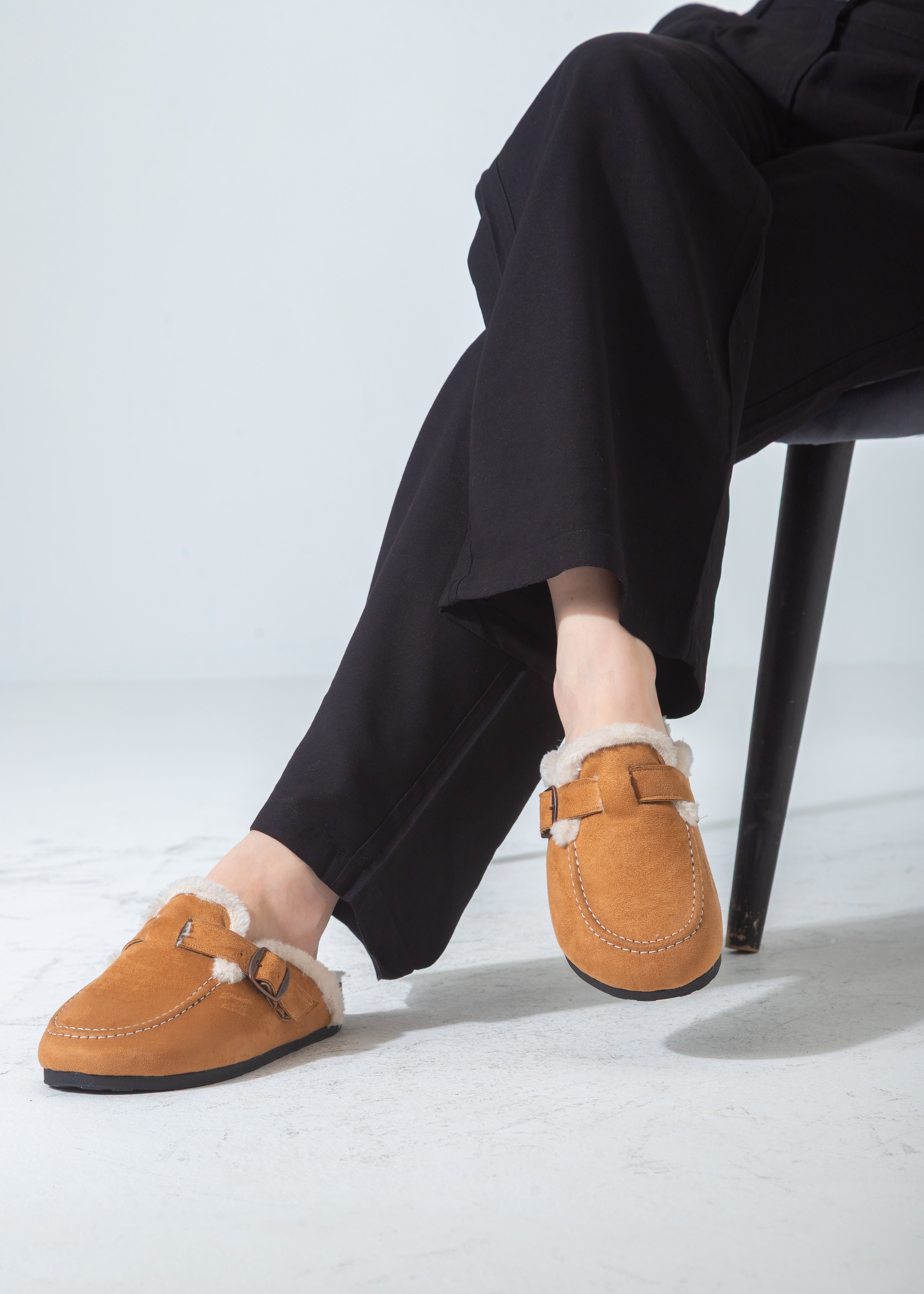 Faux-Fur Buckle Clogs-camel